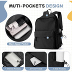 Black School Backpack For Girls Women Waterproof High School Book Bag Cute Backpack For Men Teens Boys, Lightweight Simple Middle School Back Pack Daypack