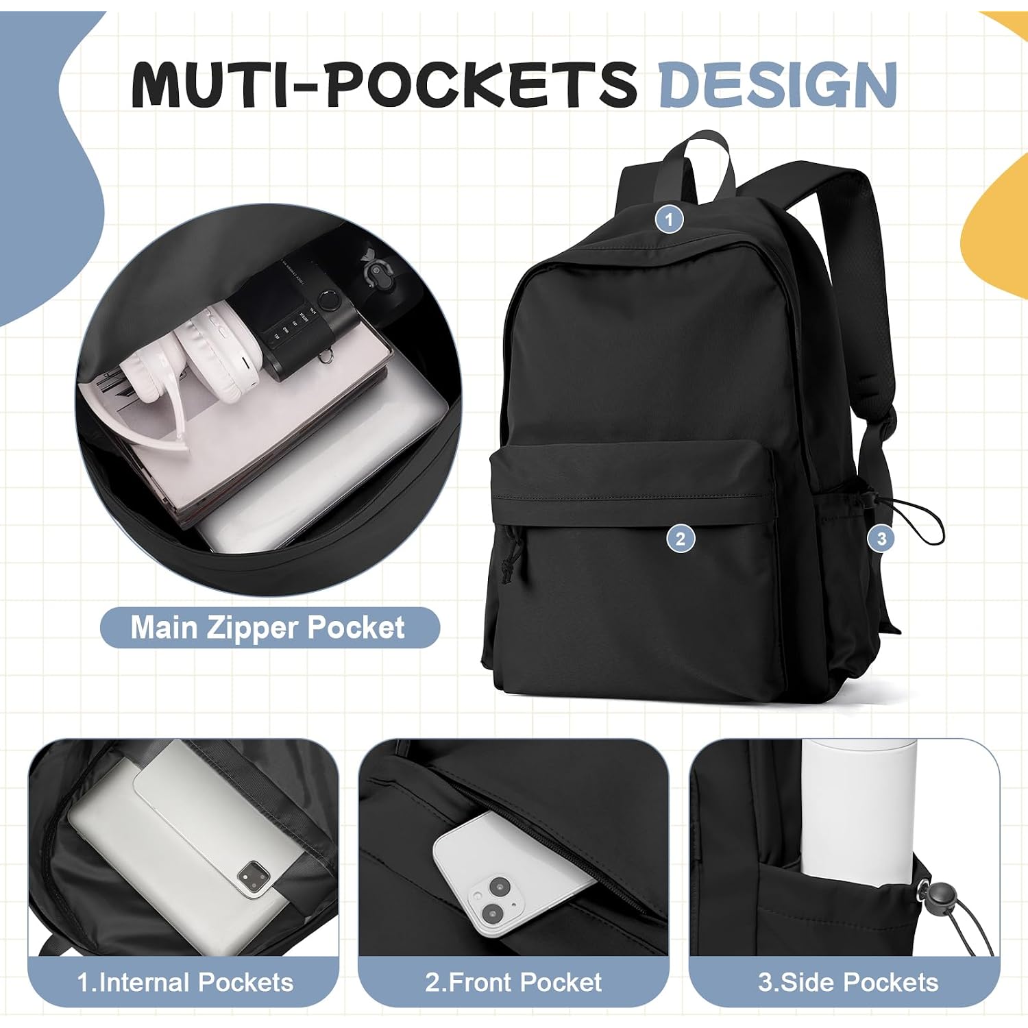 Black School Backpack For Girls Women Waterproof High School Book Bag Cute Backpack For Men Teens Boys, Lightweight Simple Middle School Back Pack Daypack
