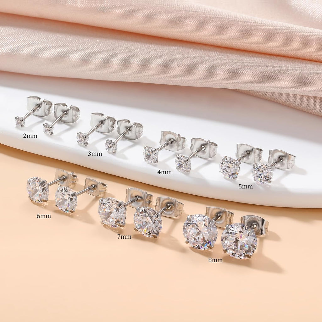 7 Pairs Silver Cubic Zirconia Stud Earrings for Women Trendy Stud Earrings Set Hypoallergenic Stud Earrings 20G CZ Studs Earrings for Women Jewelry Stud Earring