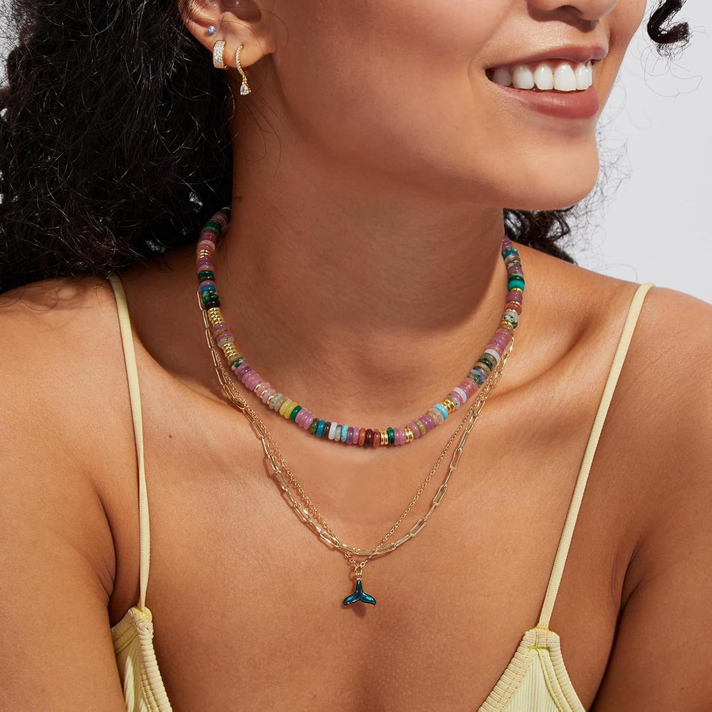 KissYan Boho Beaded Choker Necklace for Women, Gemstone Choker Natural Stone Freshwater Pearl Surfer Necklaces 14K Gold Plated Summer Beach Handmade Jewelry