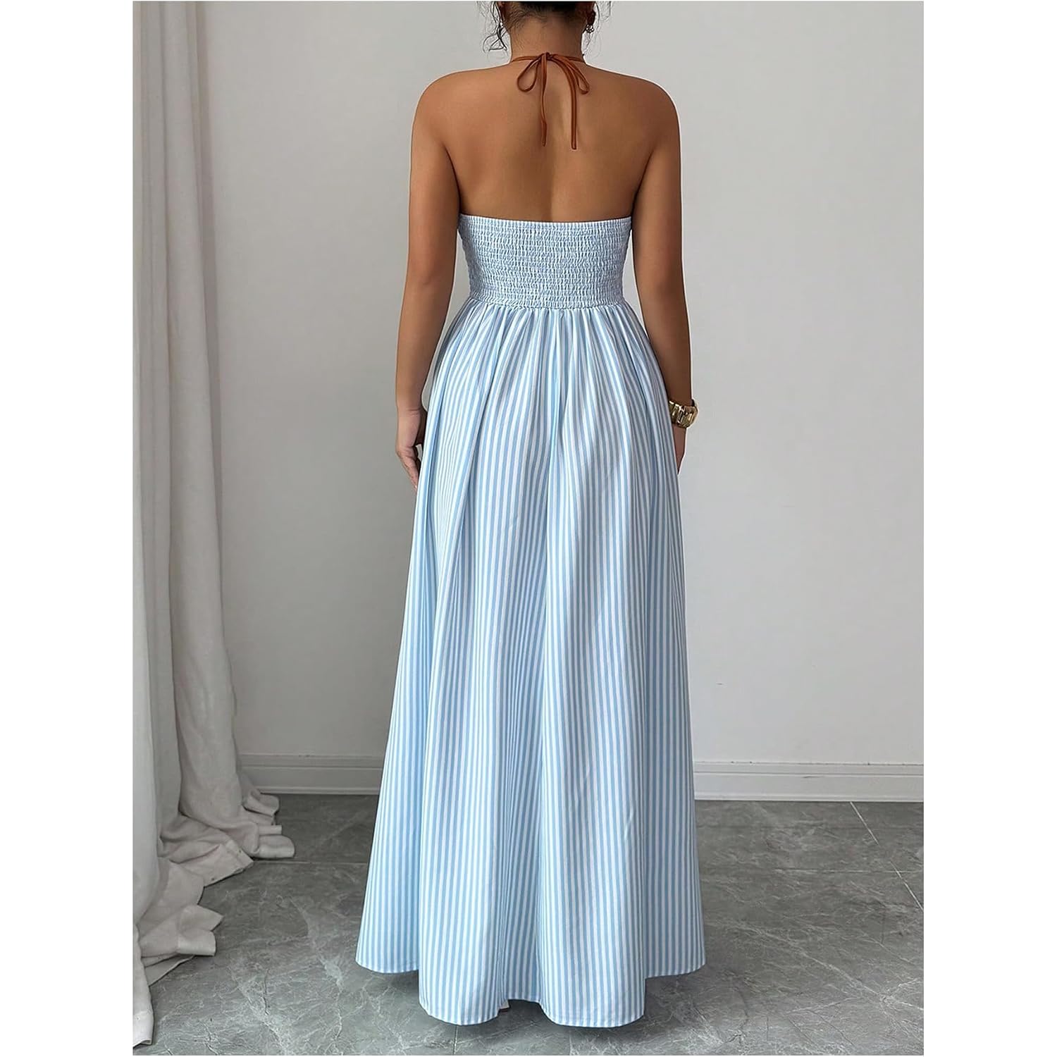 Floerns Women'S Striped Halter Maxi Dress Backless Smocked Beach Vacation Boho Dress