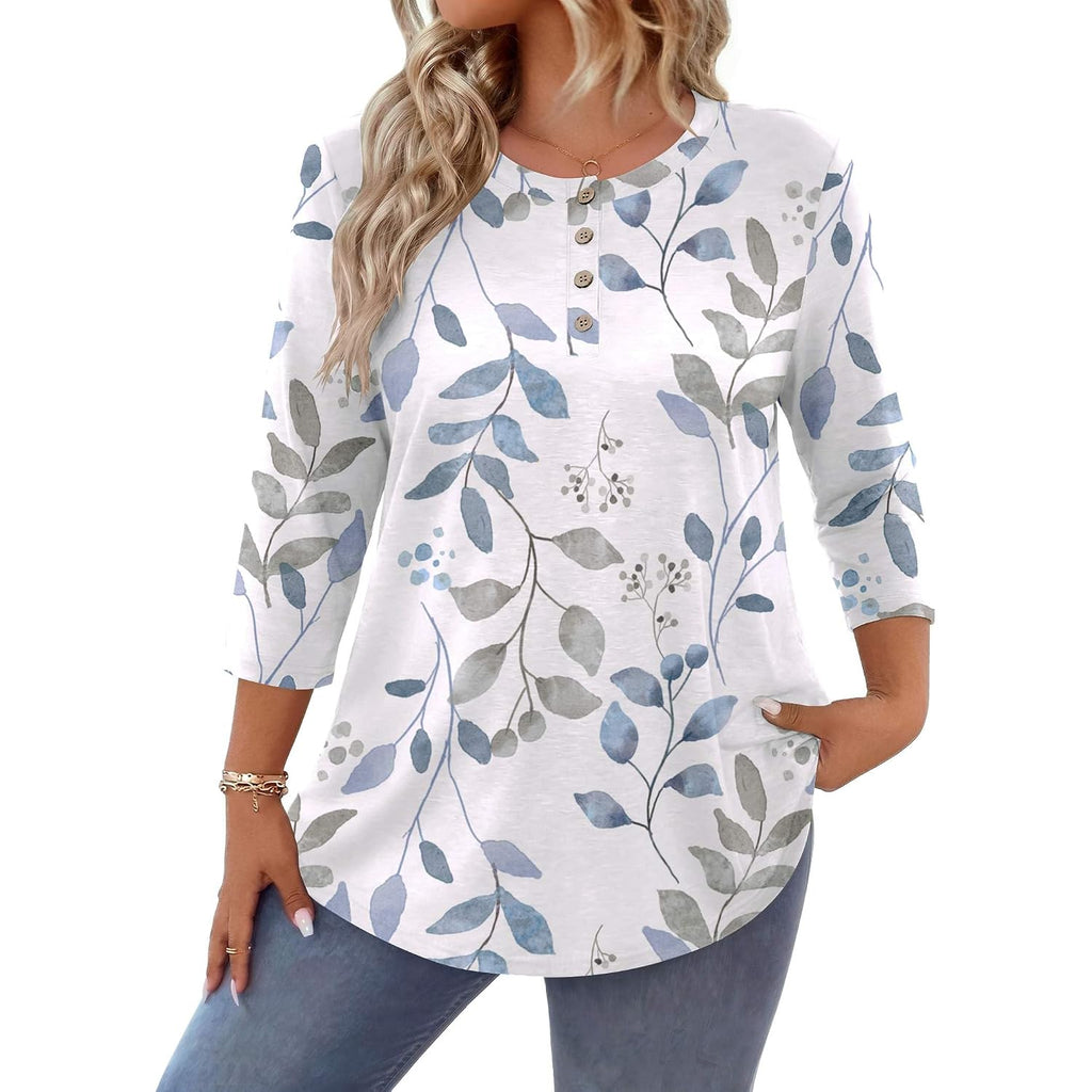 In'Voland Plus Size 3/4 Length Sleeve Women Tops Crew Neck Blouses Dressy Summer Casual Shirt Loose Fit Business Work Clothes