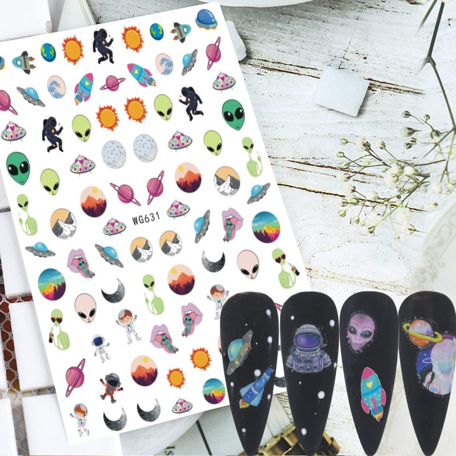 Alien Nail Art Stickers, Astronaut Earth Moon Star UFO Rocket Eyes Nail Sticker Holographic 3D Self-Adhesive Nail Art Decals Design, Nail Decal Supplies for Women Girls Manicure Charms Decorations