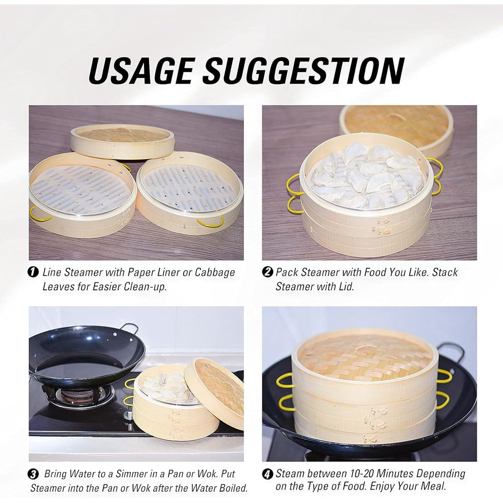 MacaRio Bamboo Steamer Basket Set 10 inch Steamer for Cooking, with Side Handles Chopsticks Ceramic Sauce Dishes Paper Liners, for Dim Sum Dumplings Buns Seafoods Rice Asian Foods
