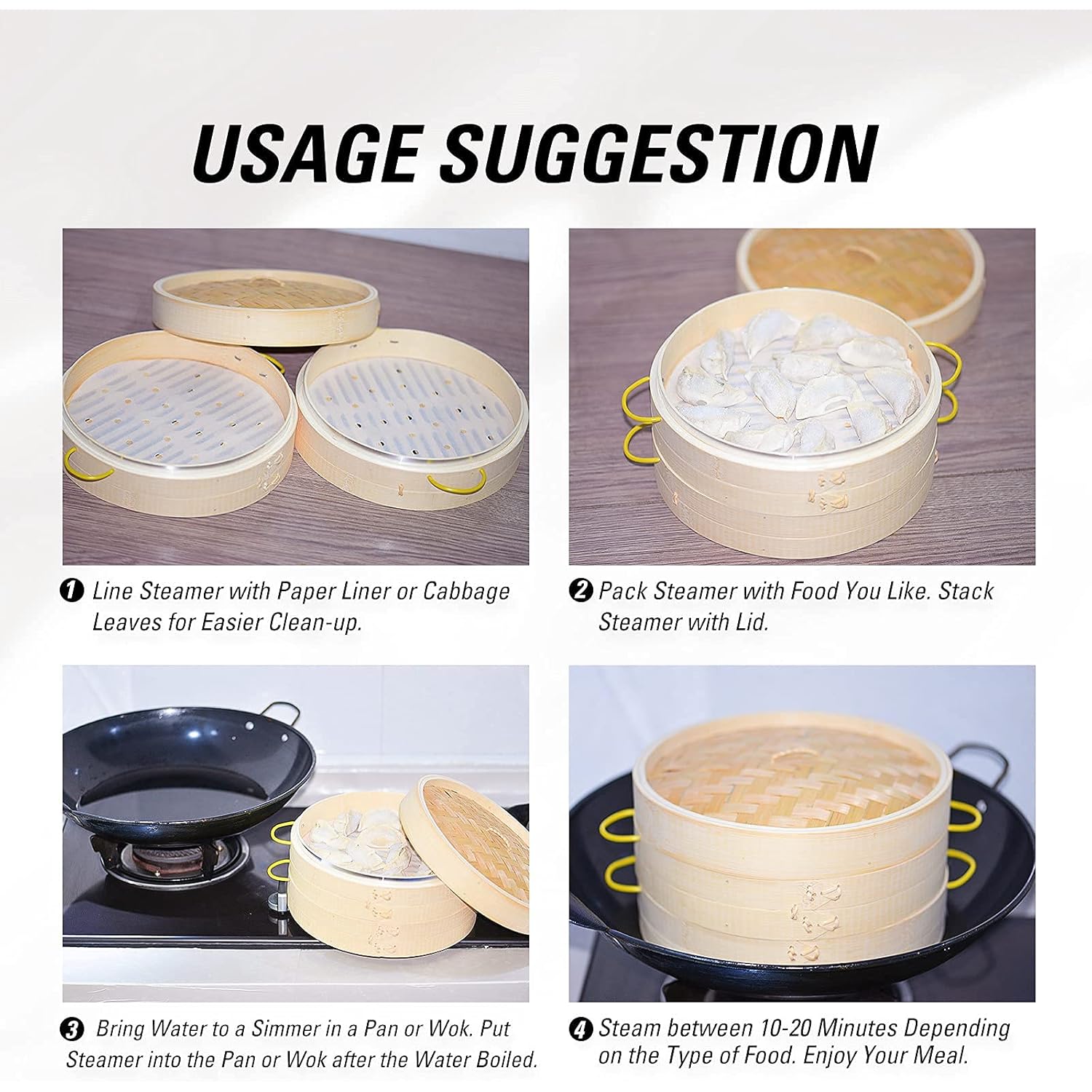MacaRio Bamboo Steamer Basket Set 10 inch Steamer for Cooking, with Side Handles Chopsticks Ceramic Sauce Dishes Paper Liners, for Dim Sum Dumplings Buns Seafoods Rice Asian Foods
