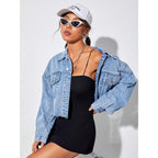 Makemechic Women'S Casual Long Sleeve Raw Hem Jean Jacket Button Down Crop Denim Jacket