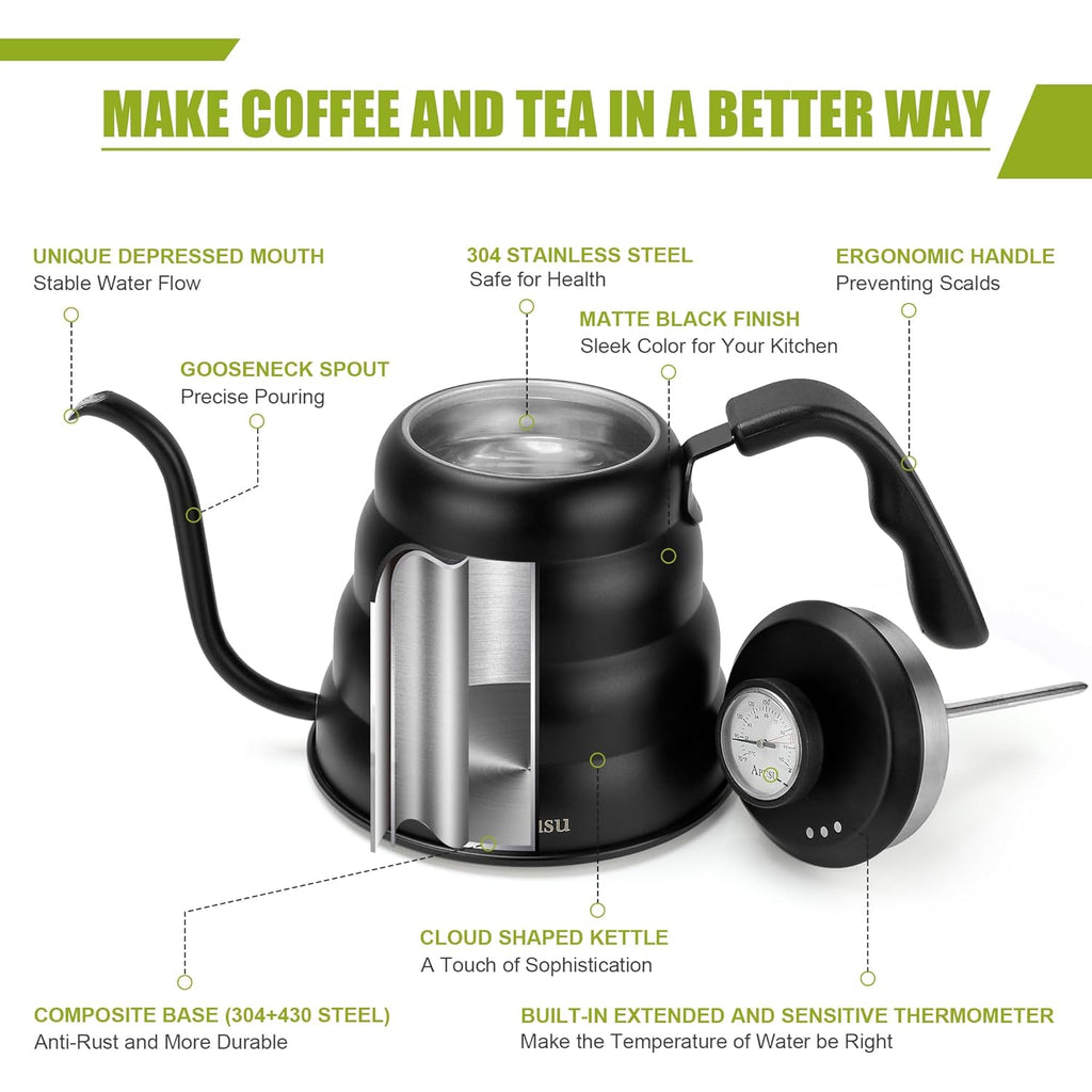 Tea Kettle with Thermometer Pot Black Stovetop Tea Kettle 40oz Gooseneck Kettle Teapot Pour Over Coffee Kettle with Thermometer,1200ml,5 Cup,Black,1Pack