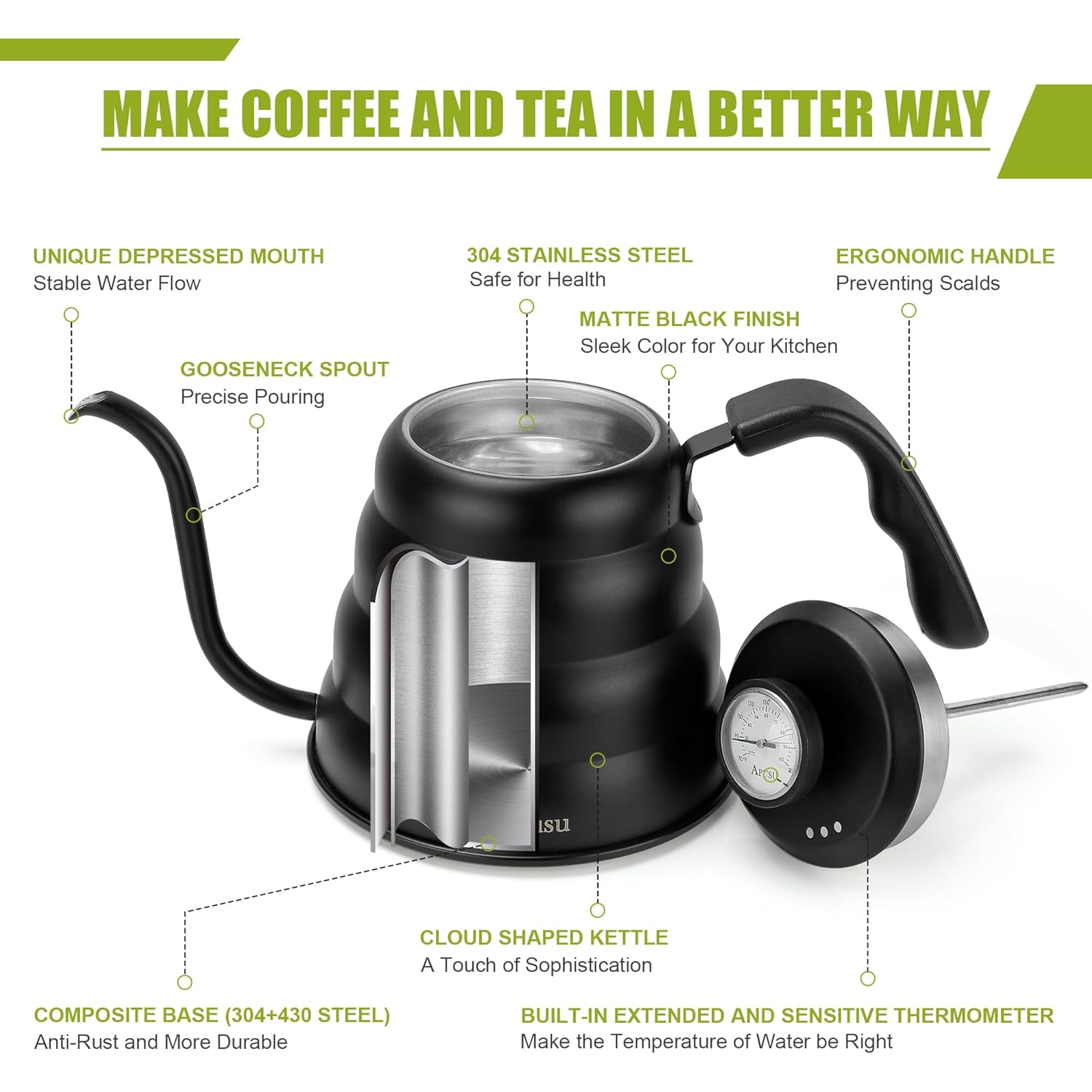 Tea Kettle with Thermometer Pot Black Stovetop Tea Kettle 40oz Gooseneck Kettle Teapot Pour Over Coffee Kettle with Thermometer,1200ml,5 Cup,Black,1Pack