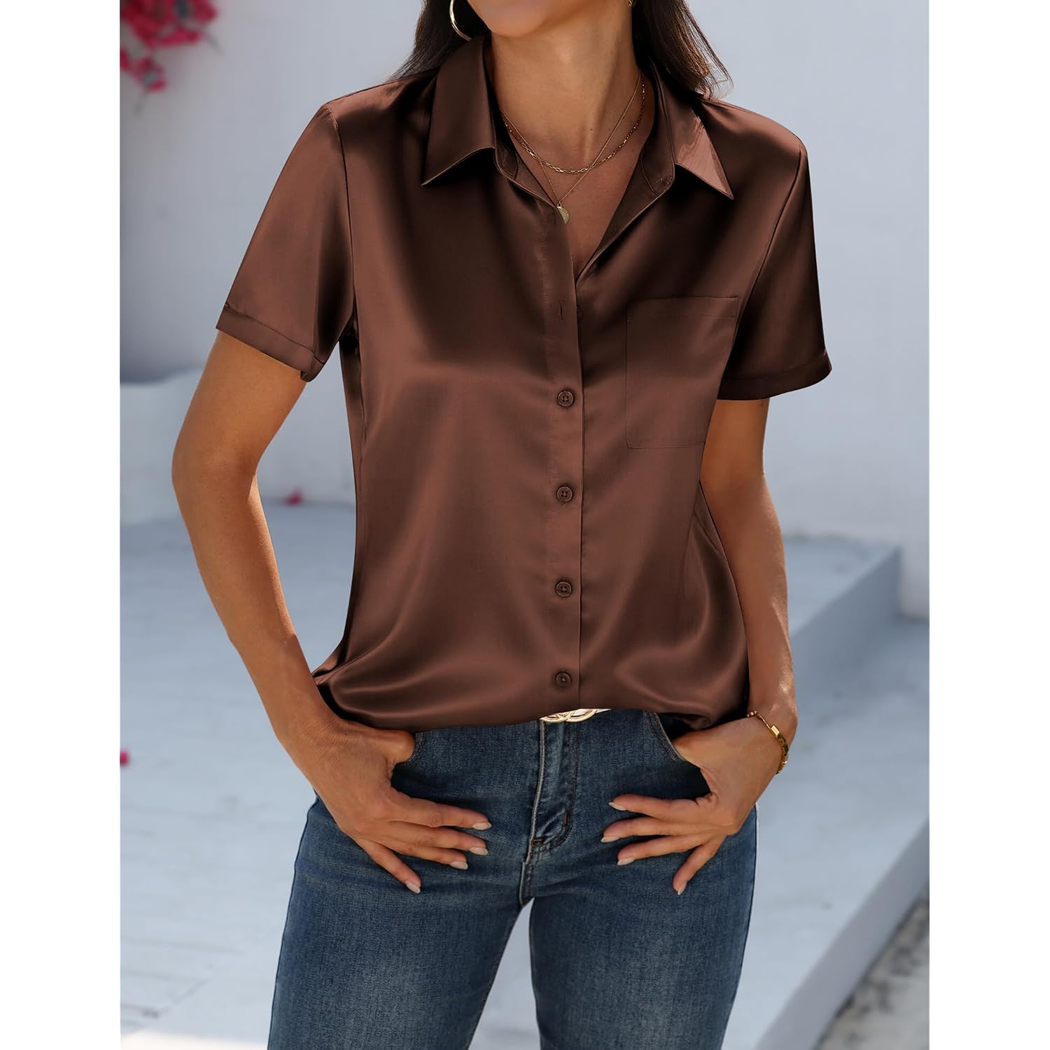 Zeagoo Satin Blouses For Women Silk Button Down Shirts Short Sleeve Business Casual Tops