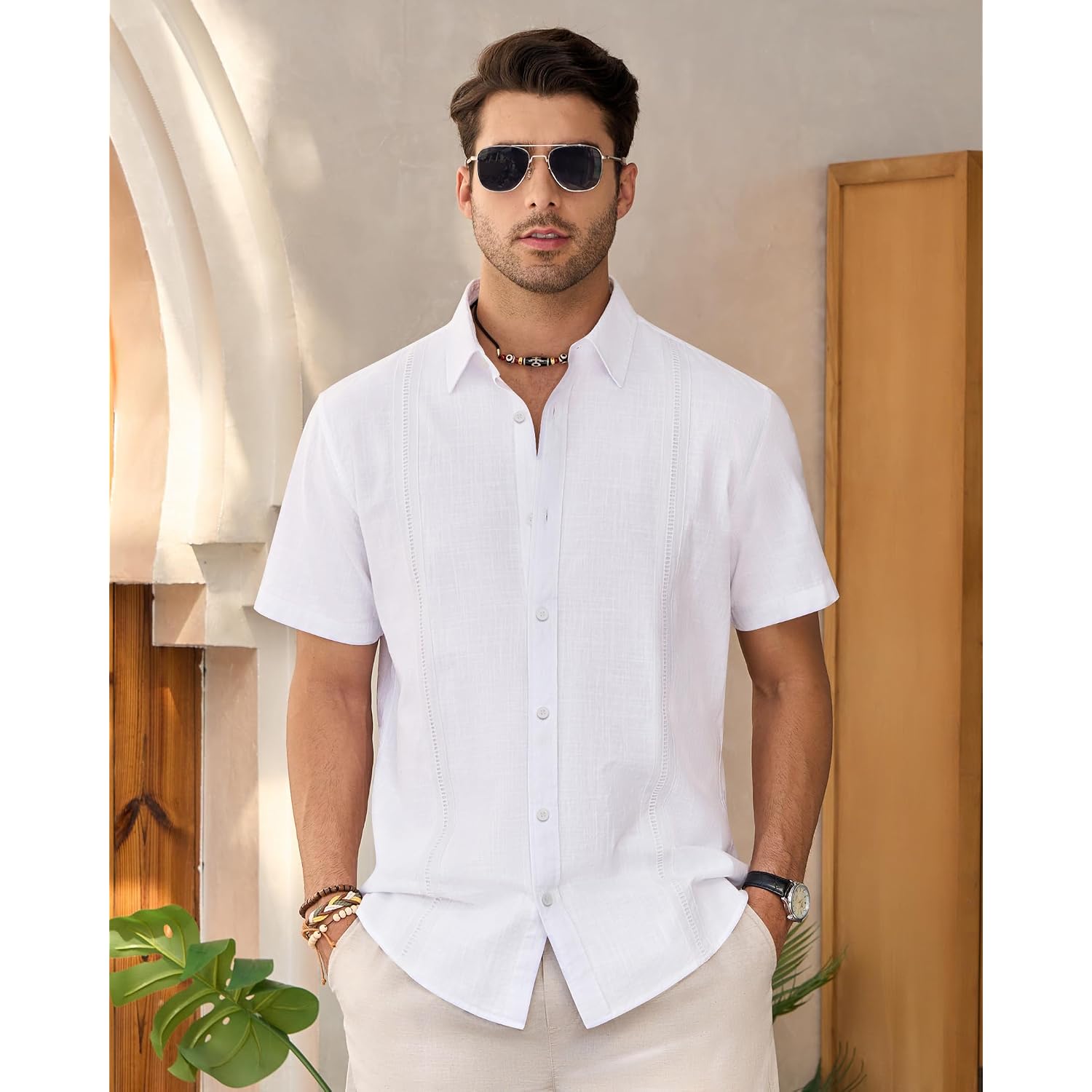 Mens Linen Shirts Short Sleeve Button Down Shirt Casual Cuban Guayabera Lightweight Summer Beach Solid Tops