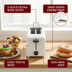 Elite Gourmet ECT-1027 Cool Touch Toaster, 7 Toast Settings Cancel Functions, Slide Out Crumb Tray, Extra Wide 1.5" Slots for Bagels Waffles Specialty Breads, Puff Pastry, Snacks, White