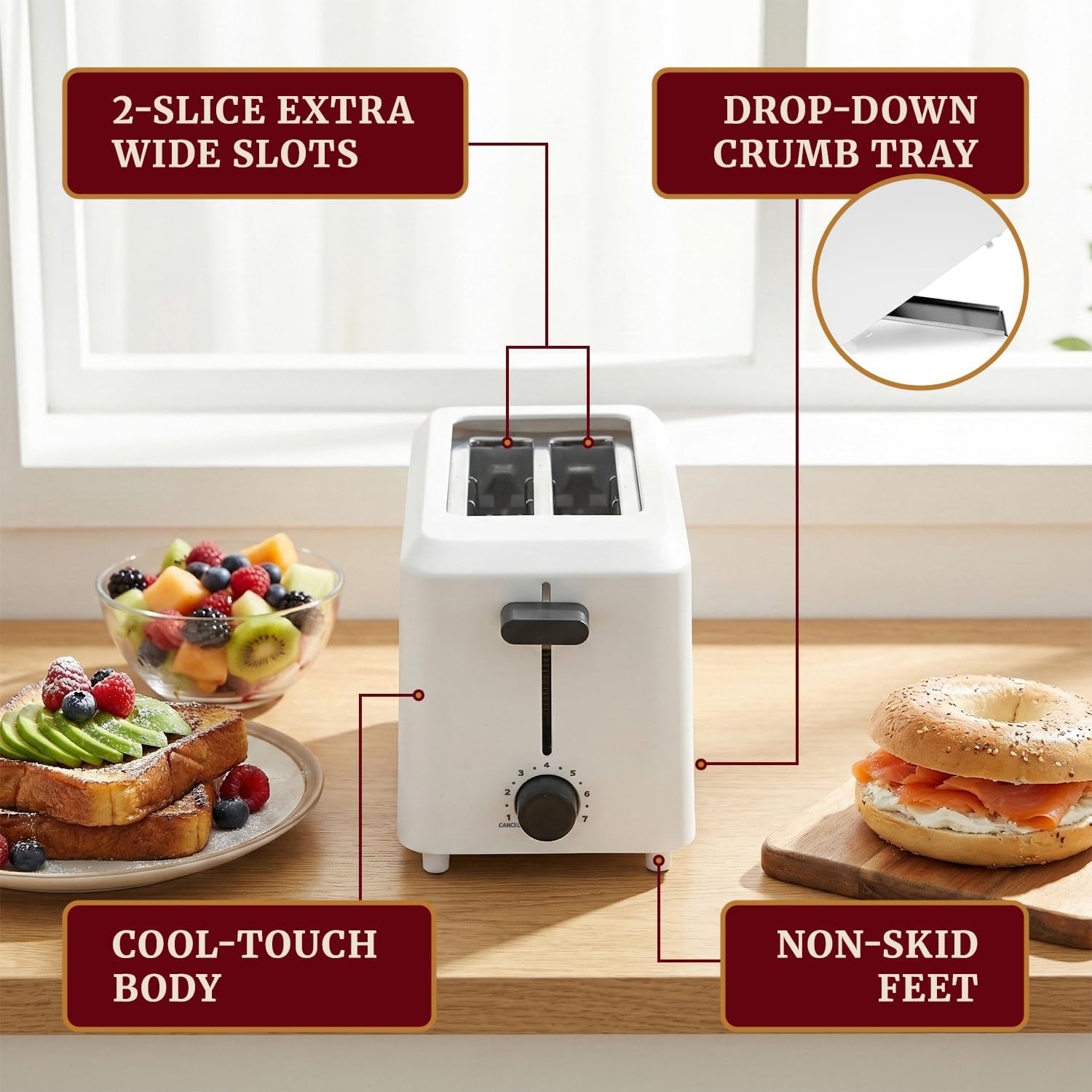 Elite Gourmet ECT-1027 Cool Touch Toaster, 7 Toast Settings Cancel Functions, Slide Out Crumb Tray, Extra Wide 1.5" Slots for Bagels Waffles Specialty Breads, Puff Pastry, Snacks, White