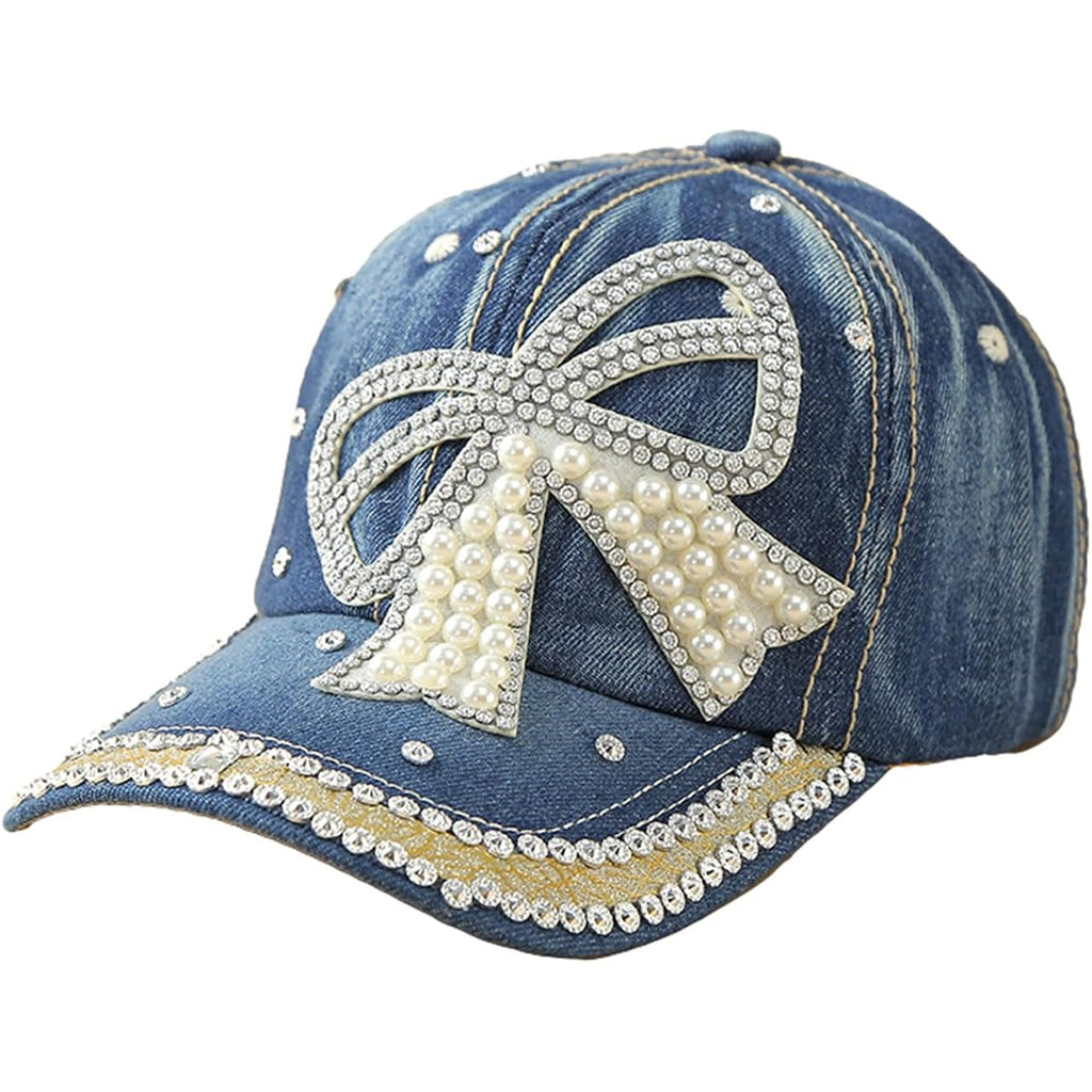 Women's Denim Baseball Cap with Pearl Rhinestone Trendy Y2k Visors UV Protection Sun Hat Outdoor 2026 Bow-dark Blue