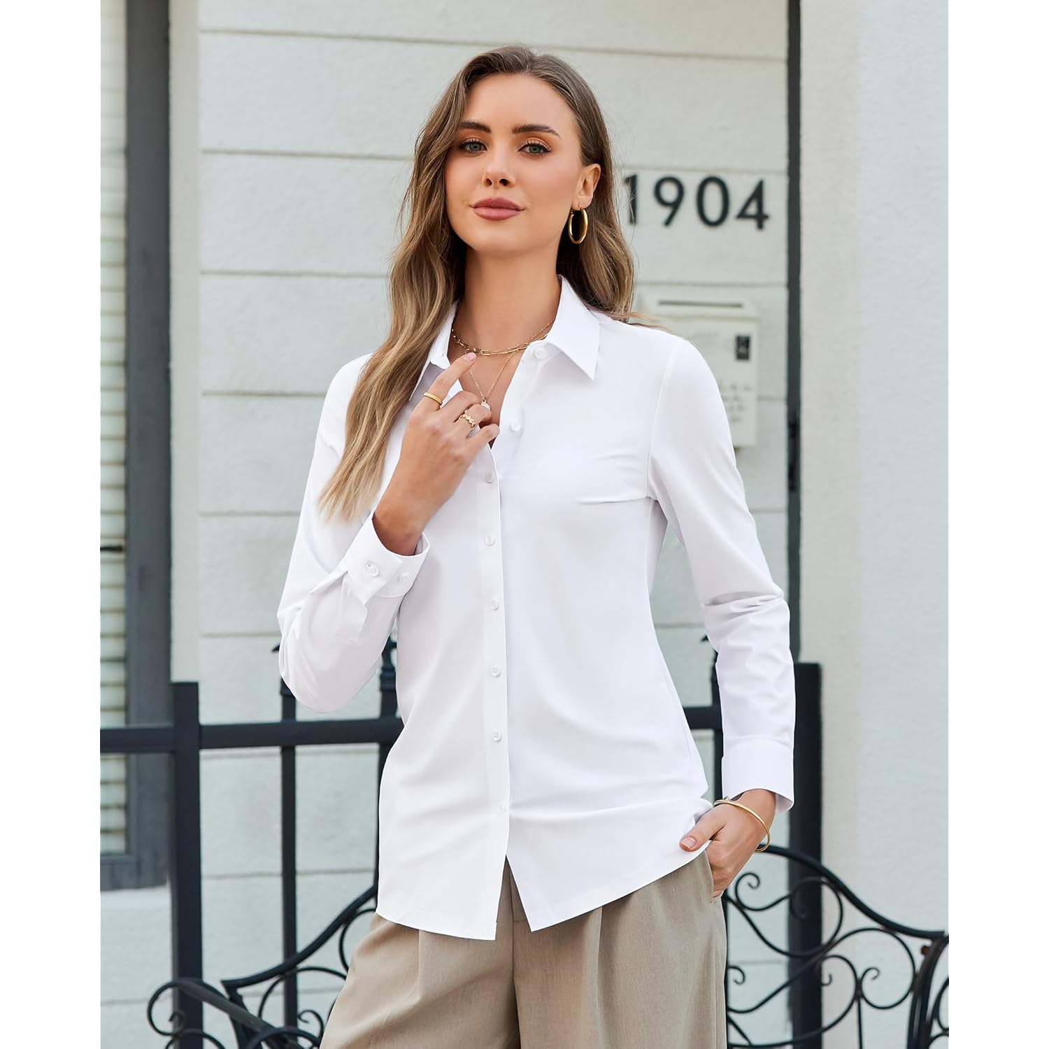 Women’s Button Down Shirt Slim Fit Stretch Wrinkle-Free Shirts for Women Long Sleeve Collared Work Blouse for Casual