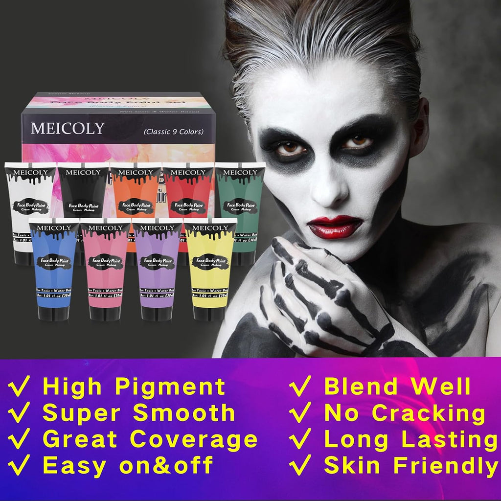 9 Colors Face Body Paint Set,1.01X9Oz/Box,Water Based Washable Face Paint For Adult Kid,Elphaba Green Face Paint,Safe Body Paint For Skin,Red White Blue Face Painting Kit For Halloween Makeup