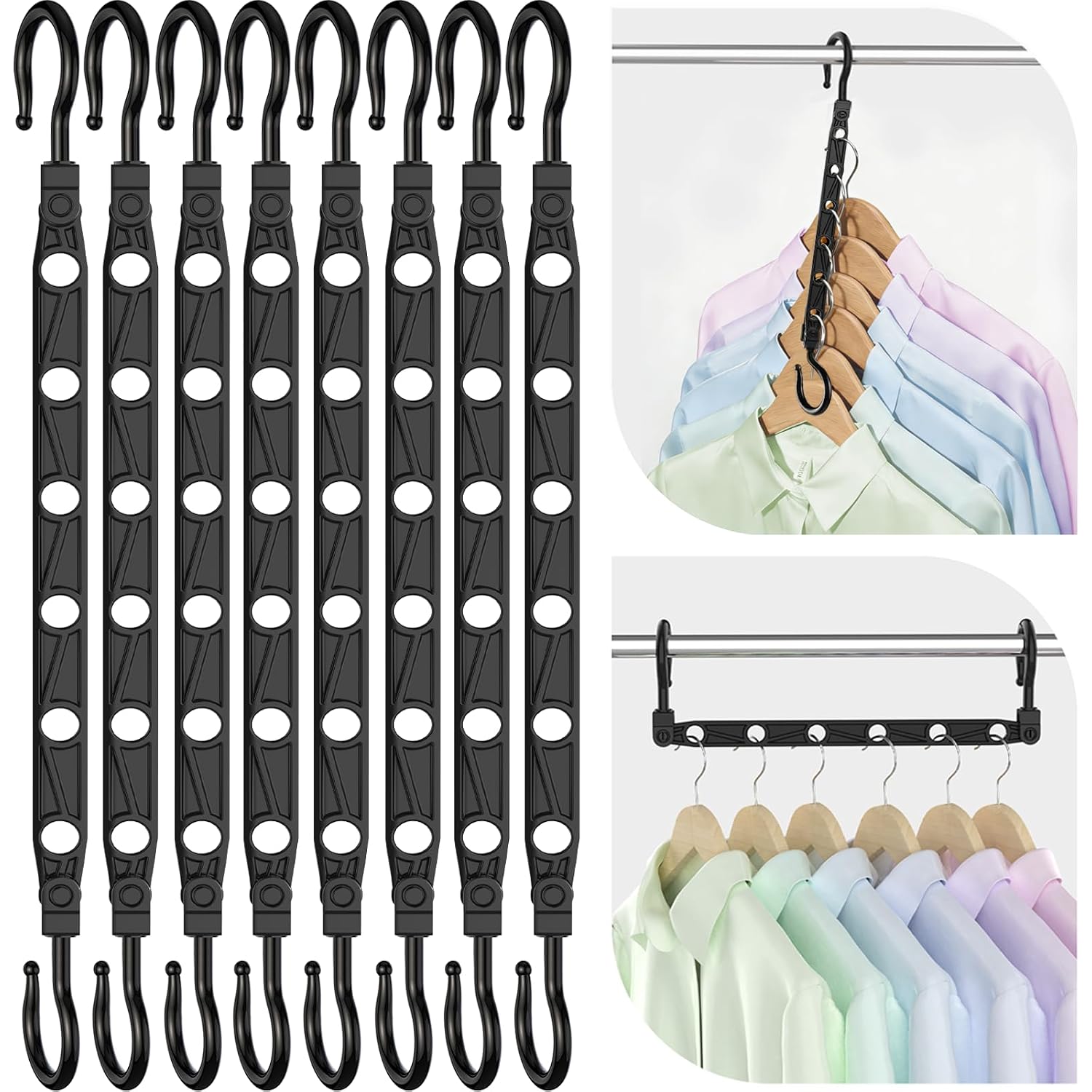 Space Saving Hangers For 48 Clothes, Reinforced Collapsible Hangers With 360° Swivel Hook, Hanger Hooks Space Saver For Closet Organizers And Storage, Dorm Room Essentials, Fully Assembled, Black