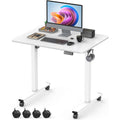 32" Small Electric Rolling Standing Desk Adjustable Height, Mobile Sit Stand Up Desk With Lockable Casters For Home Office & Computer Workstation, Splice Board, 2 Hooks, White Frame/White Top