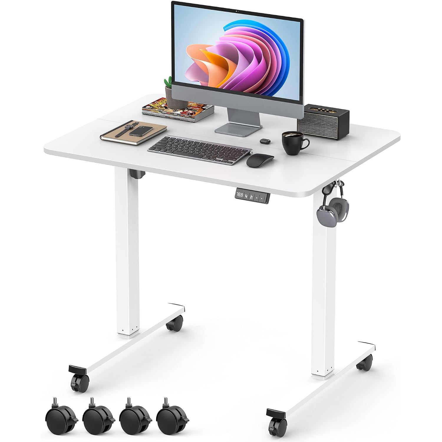 32" Small Electric Rolling Standing Desk Adjustable Height, Mobile Sit Stand Up Desk With Lockable Casters For Home Office & Computer Workstation, Splice Board, 2 Hooks, White Frame/White Top