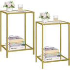 Homsho Side Tables Set Of 2, End Tables With Tempered Glass, 2-Tier Nightstands With Storage Shelves, Coffee Table With Modern Style, Slim Sofa Table For Living Room, Bedroom, 11.8" D X 15" W, Gold
