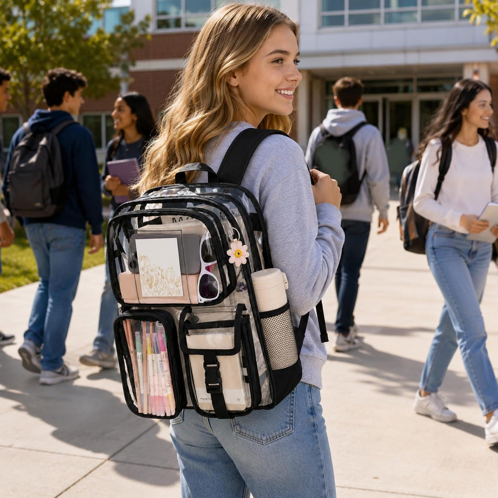 Clear Backpack For School, 17 Inch Heavy Duty Pvc Transparent Bookbag | Reinforced Straps Stitches, Clear Bag For Stadium Events Girls Boys, Large Capacity Backpack For Security College Work Black