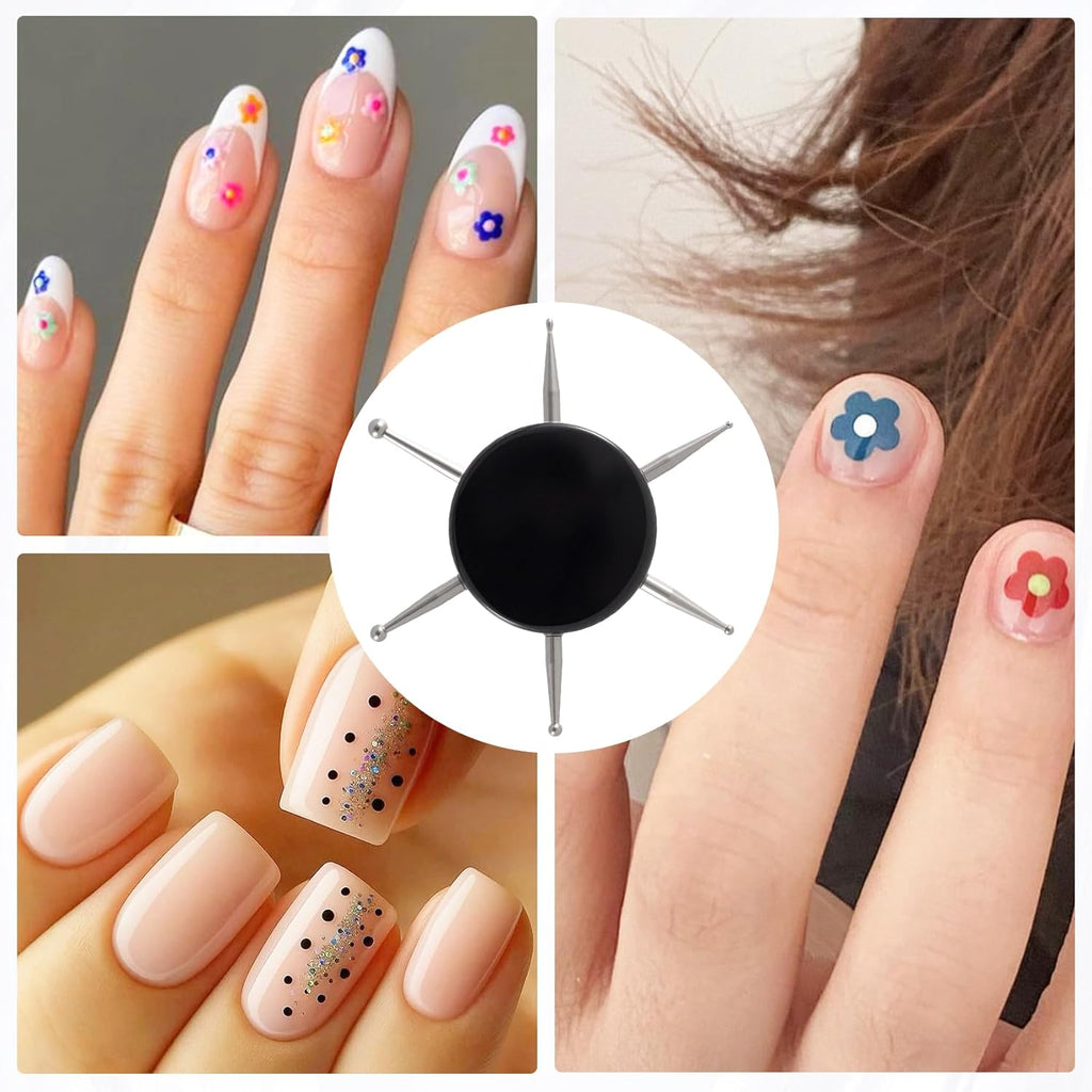 Nail Dotting Tool, 6-in-1 Metal Dotting Tool Nail Art, Circular Nail Design Dotting Pen, Ergonomic Dotting Disc for Manicure Embossing, Tracing, Painting - Black, 1pcs