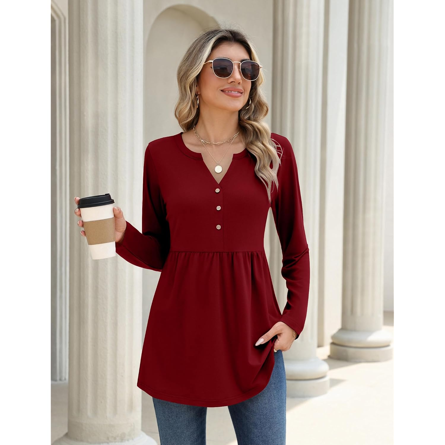 Zeagoo Women Blouses Long Sleeve Shirts Boho Henley V Neck Tops Business Casual Loose Pleated Fashion Clothing