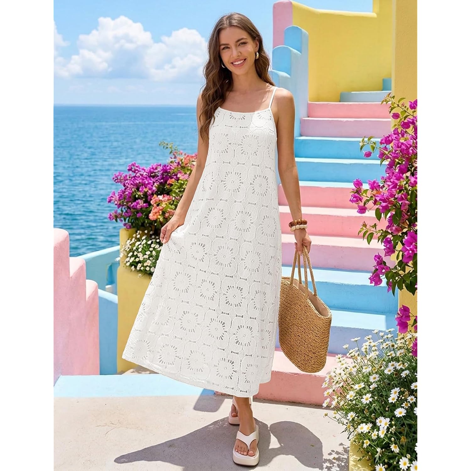 Merokeety Women'S Summer Spaghetti Straps Sundress 2026 Casual Sleeveless Floral Lace Eyelet Boho Beach Maxi Dress