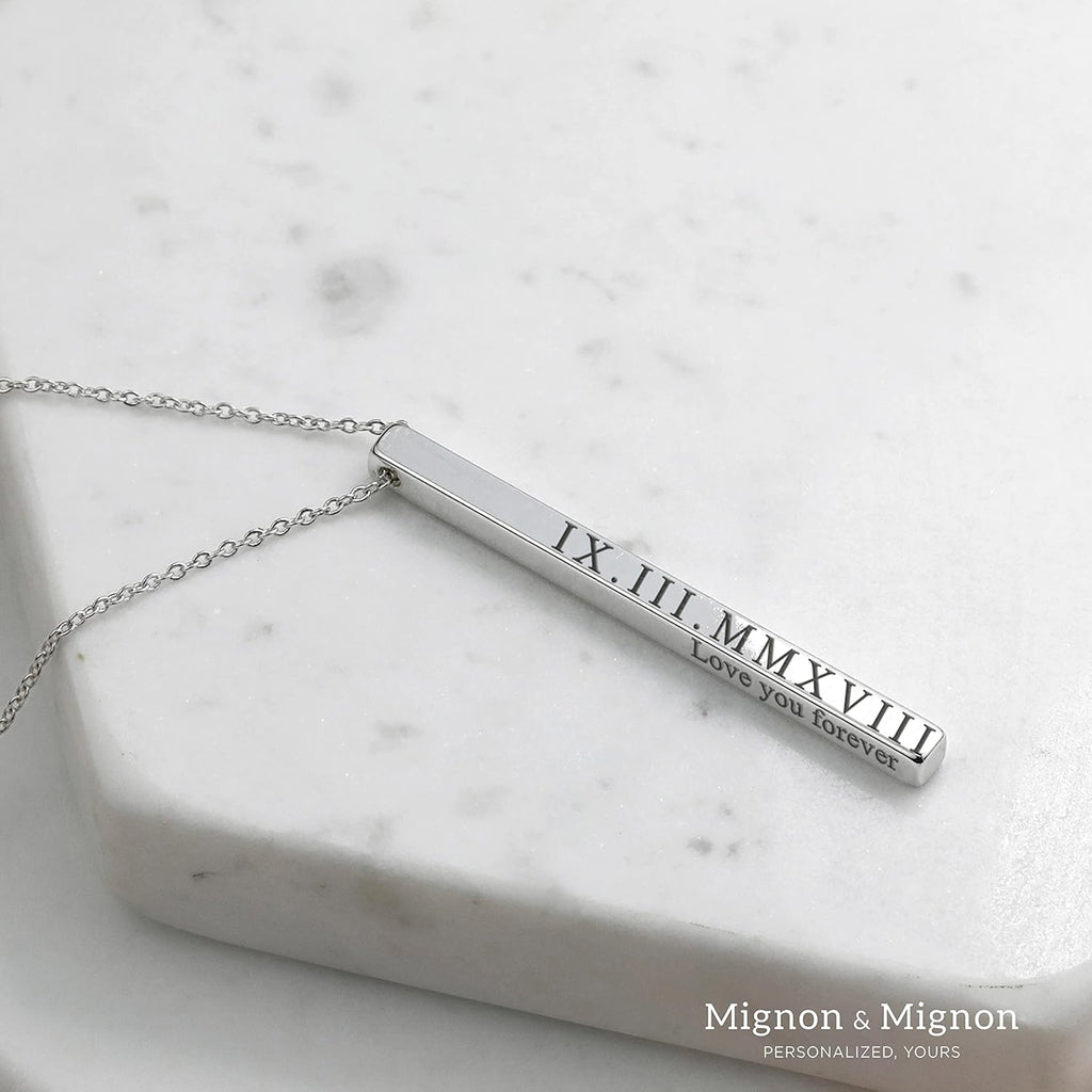 MignonandMignon 4 Sided Engraved Bar Necklace Personalized | Coordinates Name Necklace for Women Gold Silver | Custom Engraved Pendant Mom Gift Mothers Day Birthday