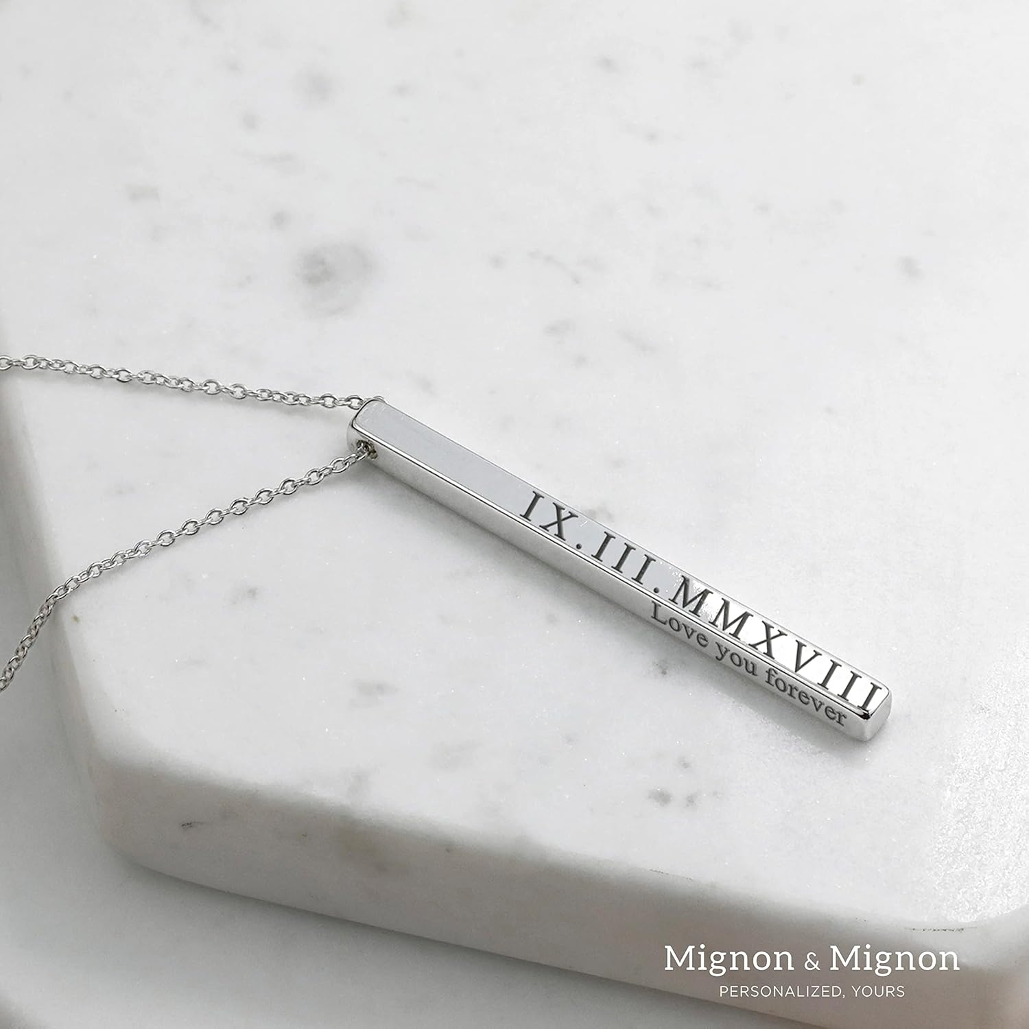 MignonandMignon 4 Sided Engraved Bar Necklace Personalized | Coordinates Name Necklace for Women Gold Silver | Custom Engraved Pendant Mom Gift Mothers Day Birthday