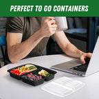 50 Pack (100-Piece) 32 Oz Meal Prep Containers Reusable With Lids 3-Compartment, To Go Take Out Plastic Food Storage Containers, Sturdy Leakproof Food Safe, Microwave Freezer Dishwasher Safe, Black