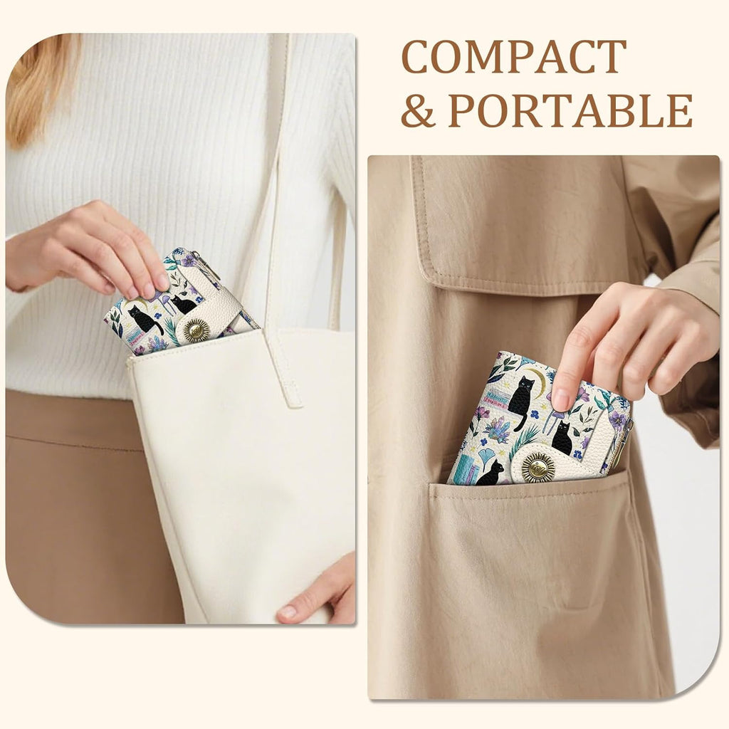 Icycay Black Cat Small Wallet Women RFID Blocking Bifold, Cute Credit Card Holder, Zipper Coin Pocket, PU Leather, Compact, Travel, 4 ID Window, 14 Card Slots, Cash Purse, Ladies Woman Female Girls