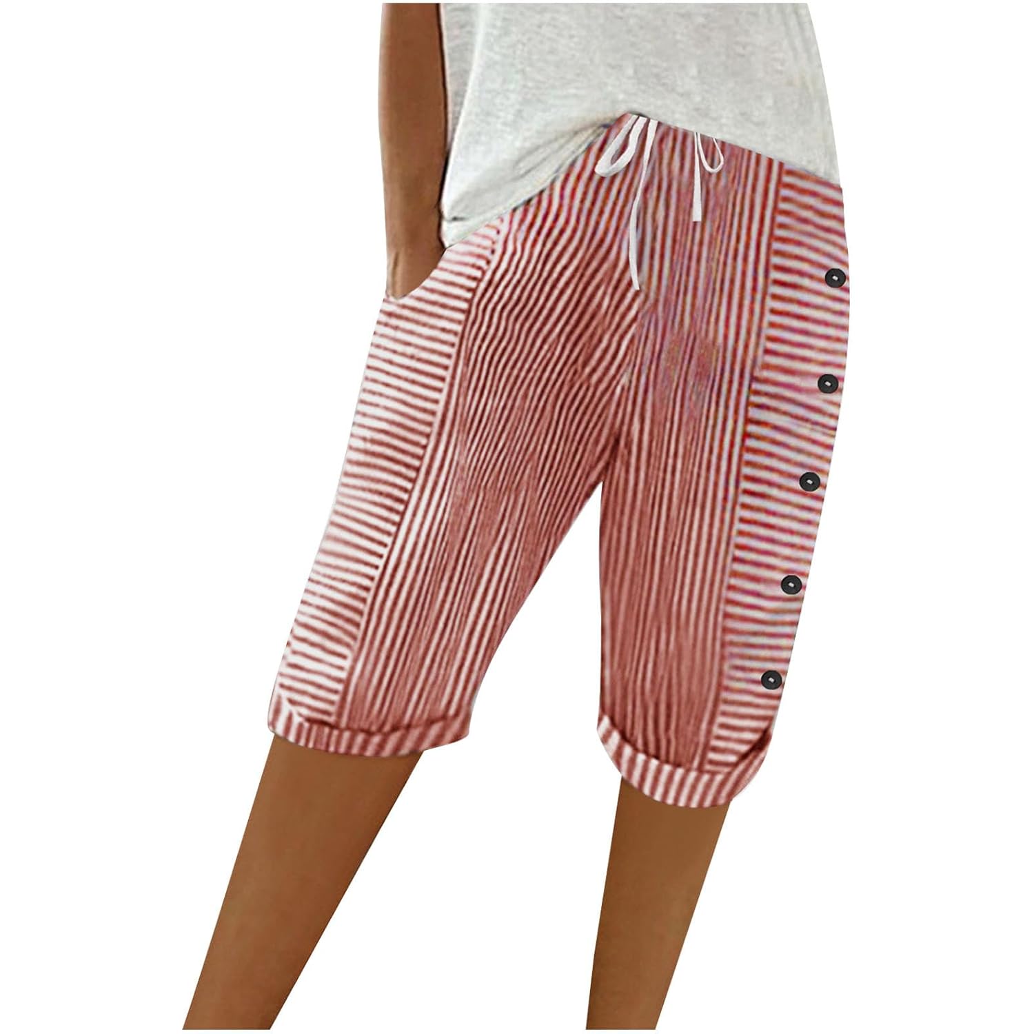 Womens Stripe Print Shorts Summer Knee-Length Casual Bermuda Shorts Lounge Shorts Elastic Waist Side Button Shorts