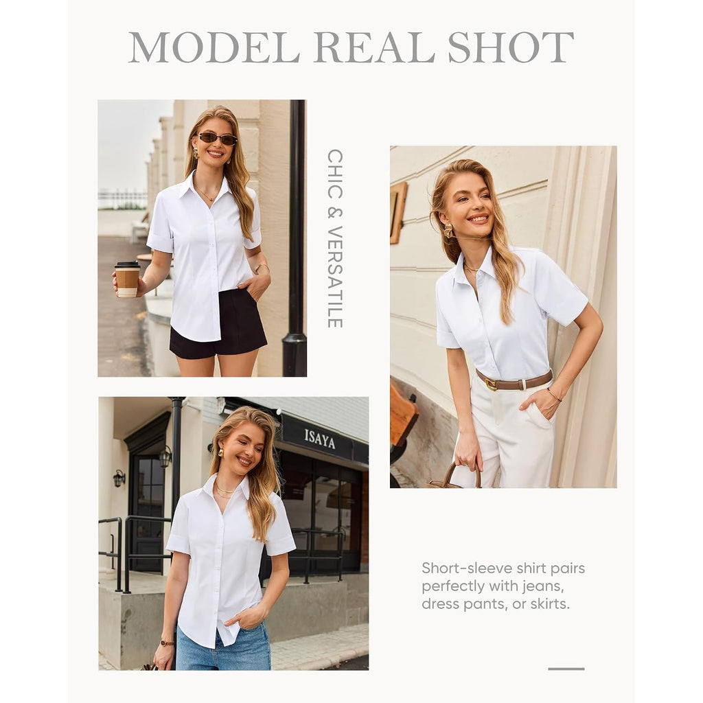 Siliteelon Short Sleeve Button Dress Shirts For Women Cotton Button Down Shirts For Women Slim Fit Blouse Top 3/4 Sleeve