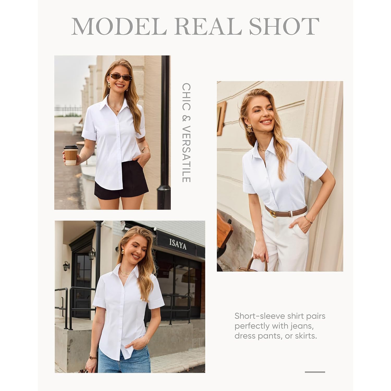 Siliteelon Short Sleeve Button Dress Shirts For Women Cotton Button Down Shirts For Women Slim Fit Blouse Top 3/4 Sleeve