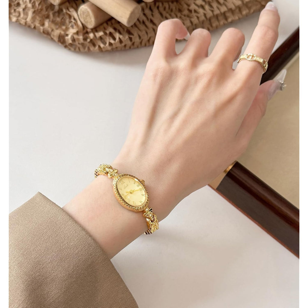 Gosasa Small Gold Watches For Women Vintage Dainty Oval Roman Numeral Dial Analog Slim Bracelet Alloy Band Water Resistant Dress Wrist Watch Elegant Gift