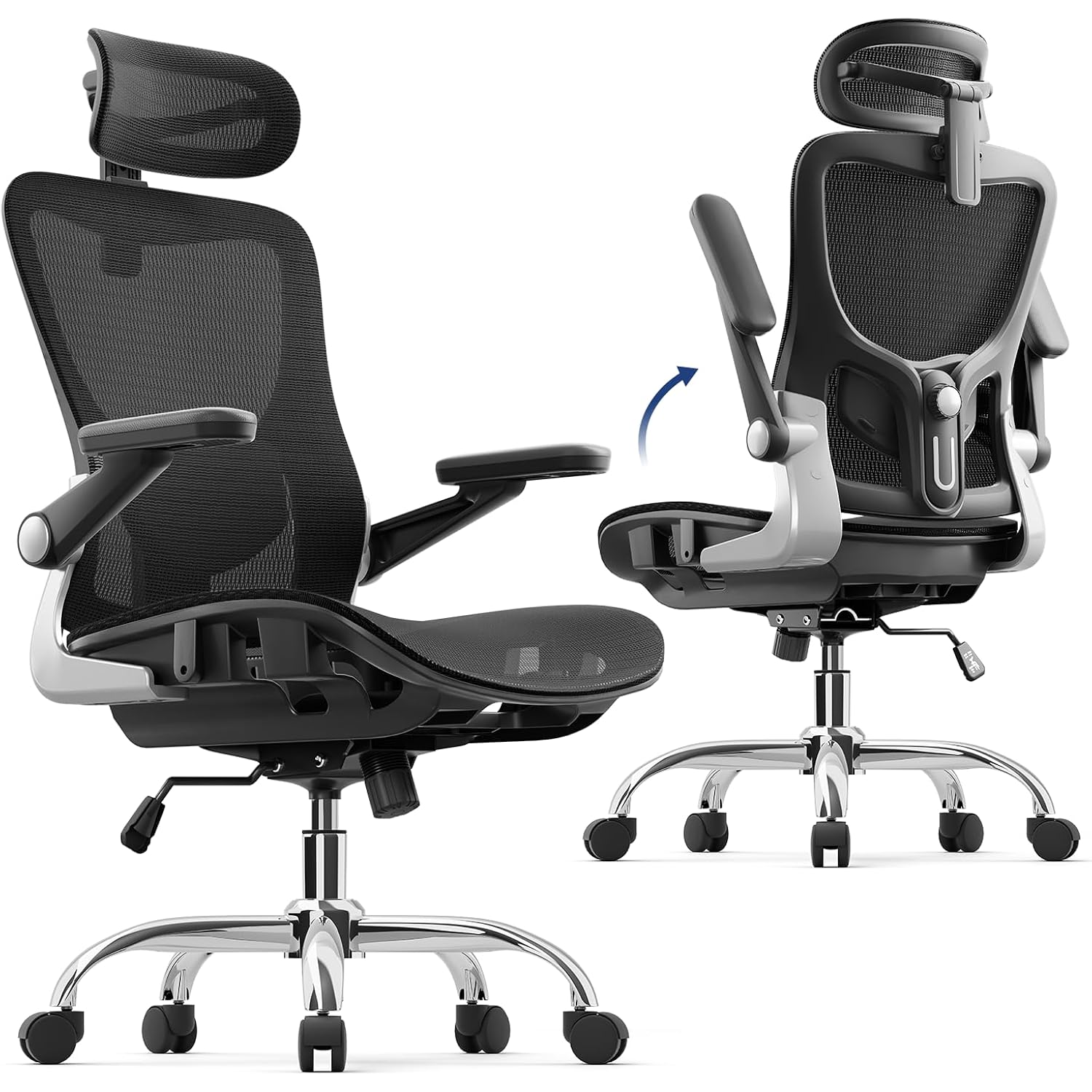 Marrap Ergonomic Office Chair, Mesh Desk Chair With 3D Armrests, Adjustable Lumbar Support And Headrest, 90-120° Rocking Function, Black