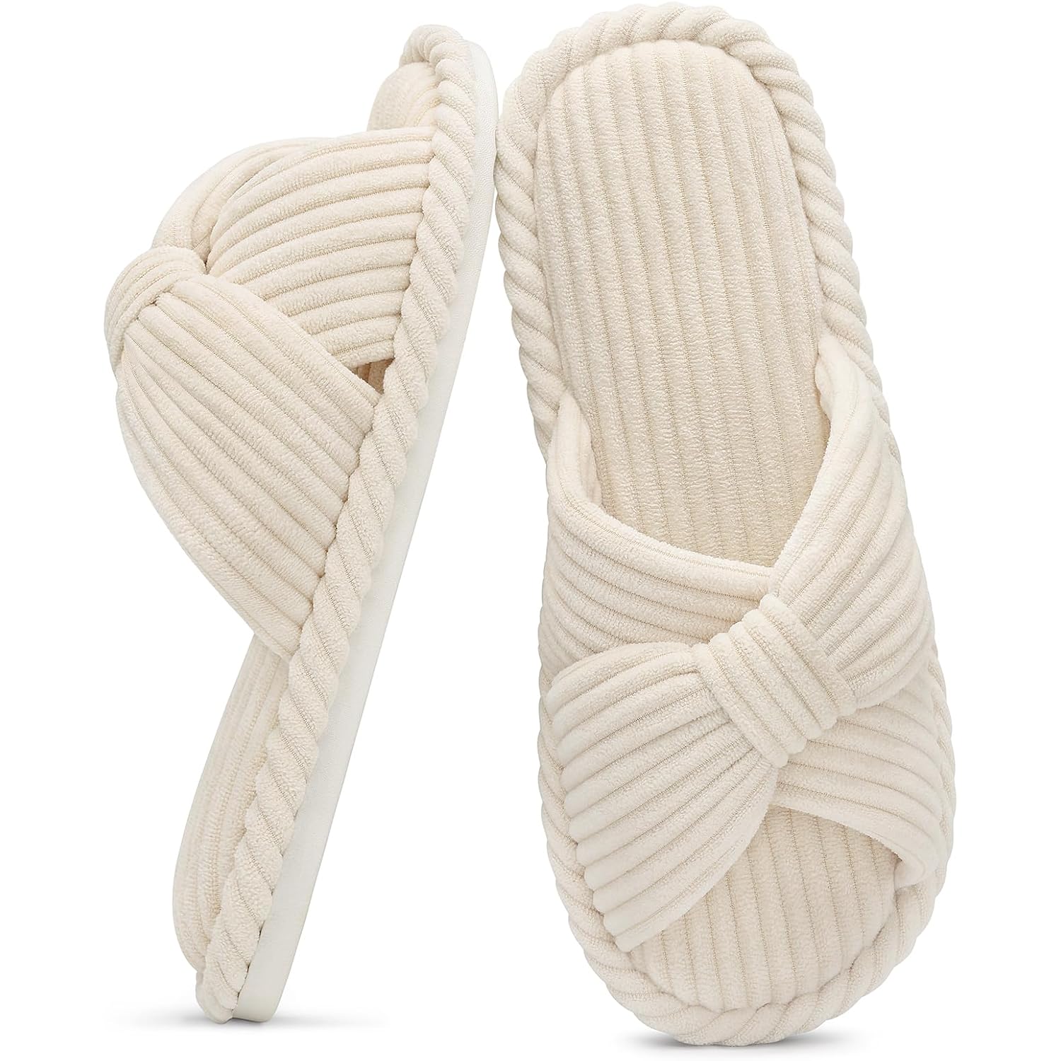 Evshine Summer House Slippers For Women Corduroy Cross Bow Indoor Slippers Open Toe Slip On Bedroom Shoes With Memory Foam