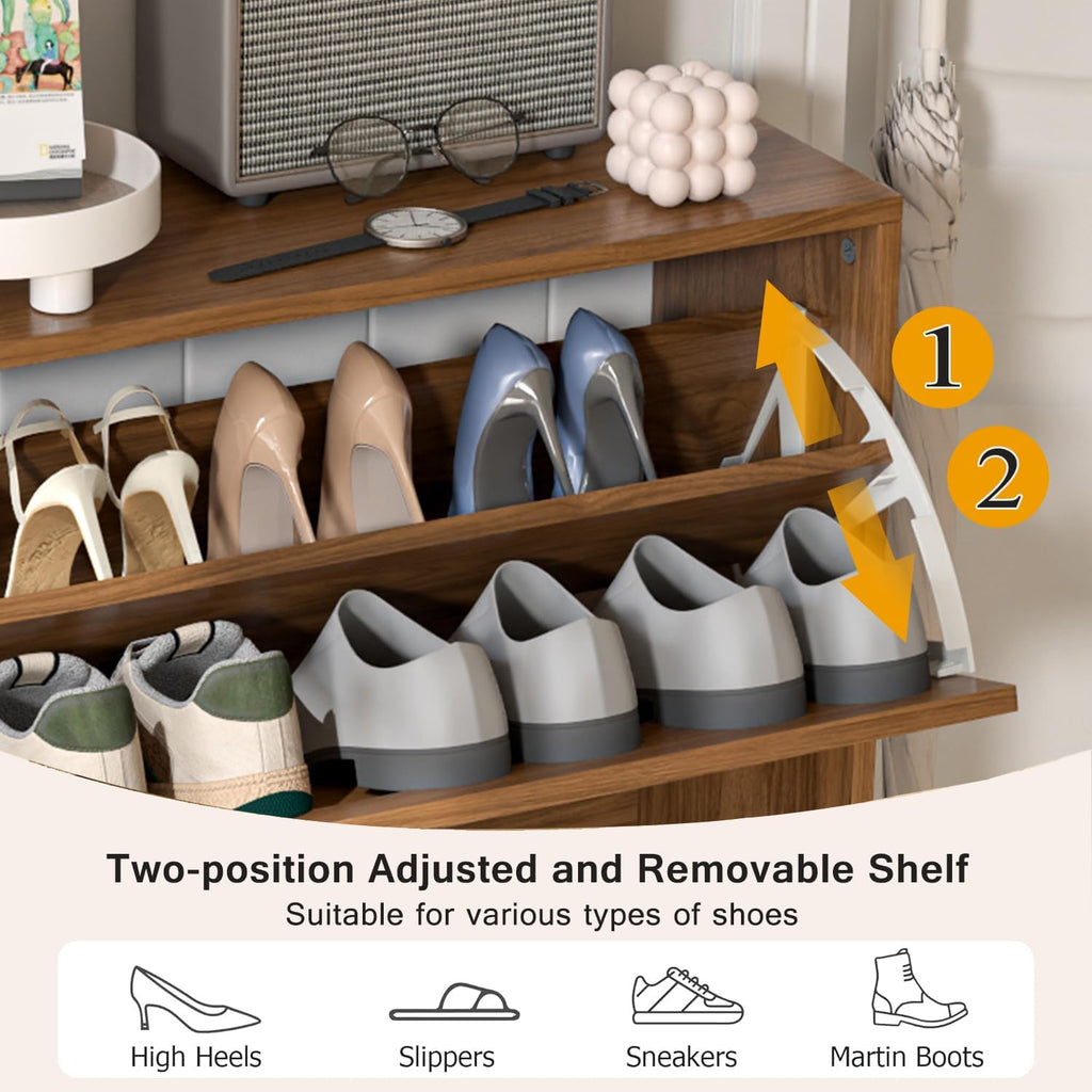 Fsbecl Shoe Storage Cabinet For Entryway With 2 Flip Drawers, Narrow Wood Shoe Cabinet With Fluted Panel, Freestanding Hidden Shoe Organizer For Foyer, Hallway (Walnut)