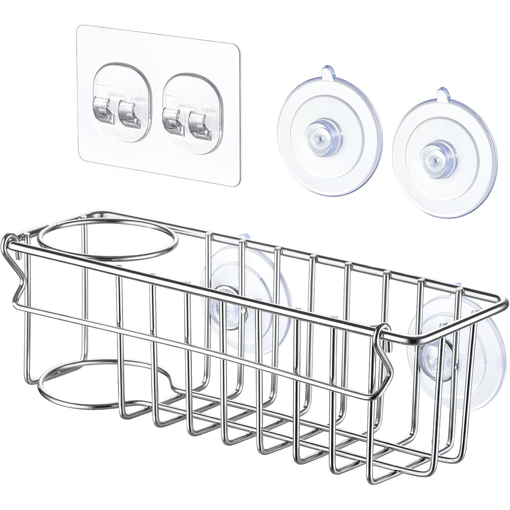 3-In-1 Sponge Holder For Kitchen Sink With Suction Cups & Adhesive Hook , In-Sink Sponge Holder, Wall Hanging Sink Caddy Organizer Rack - Sponge, Dish Cloth, Brush, Scrubber - 304 Stainless Steel