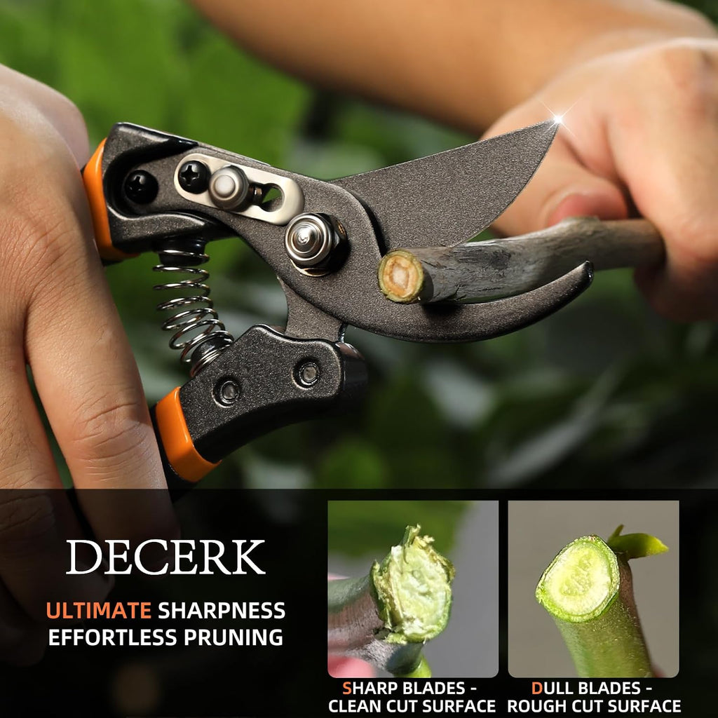 Decerk® 8.5" Professional Pruning Shears - Cuts 4X Easier With Ultra Sharp Japanese Steel Titanium Blade, Arthritis Friendly Garden Scissors & Plant Clippers, Effortlessly Prunes 3/4" Branches