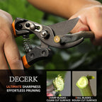 Decerk® 8.5" Professional Pruning Shears - Cuts 4X Easier With Ultra Sharp Japanese Steel Titanium Blade, Arthritis Friendly Garden Scissors & Plant Clippers, Effortlessly Prunes 3/4" Branches