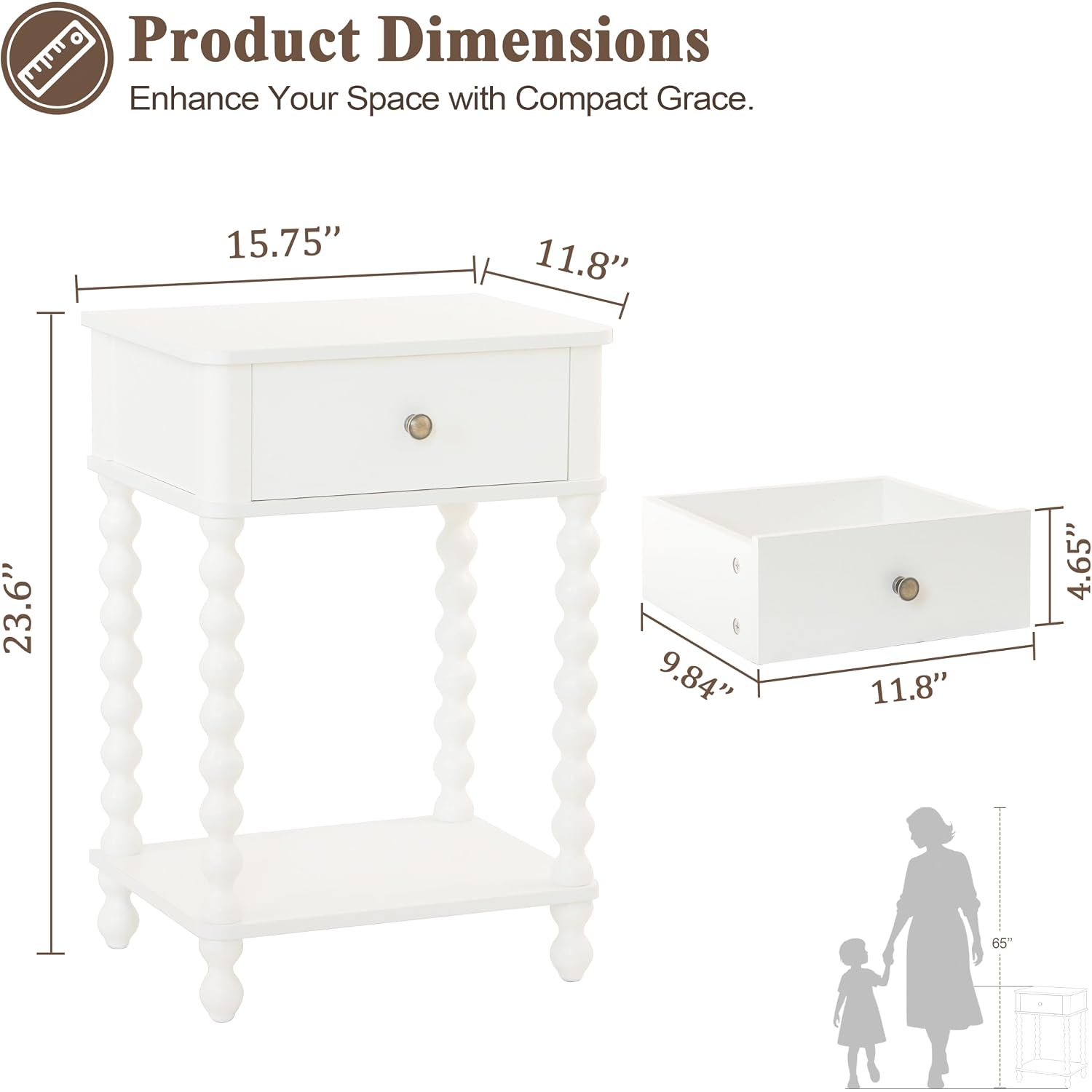 Awasen White Nightstand, Small Side Table With Drawer For Living Room, Farmhouse End Bedside Table With Spindle Wood Legs For Bedroom, Office, White