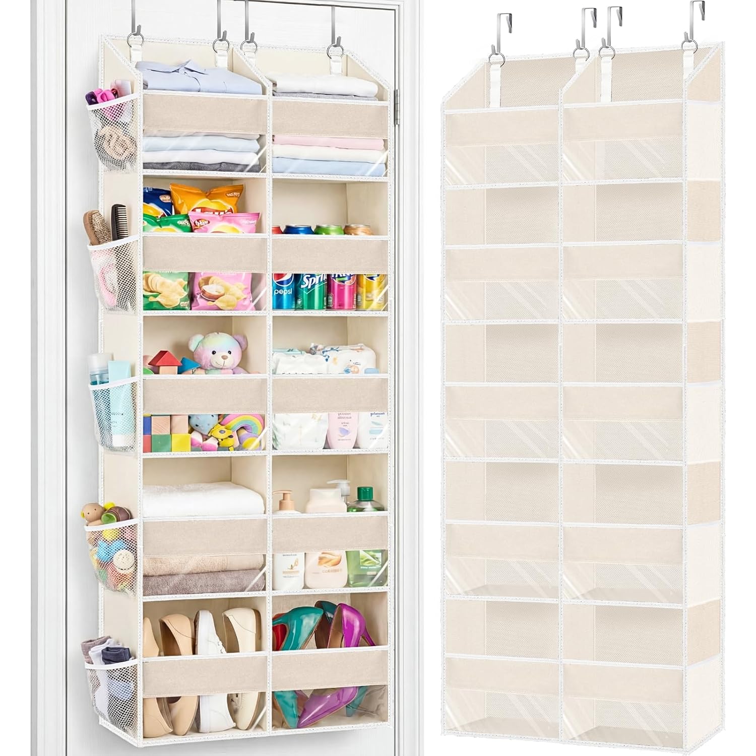 Over The Door Organizer 5 Tiers,Extra Large Behind Door Storage Of 10 Compartments,80 Lbs Weight Capacity Over The Door Storage, Door Hanging Organizer For Closet, Diaper Organizer, Beige