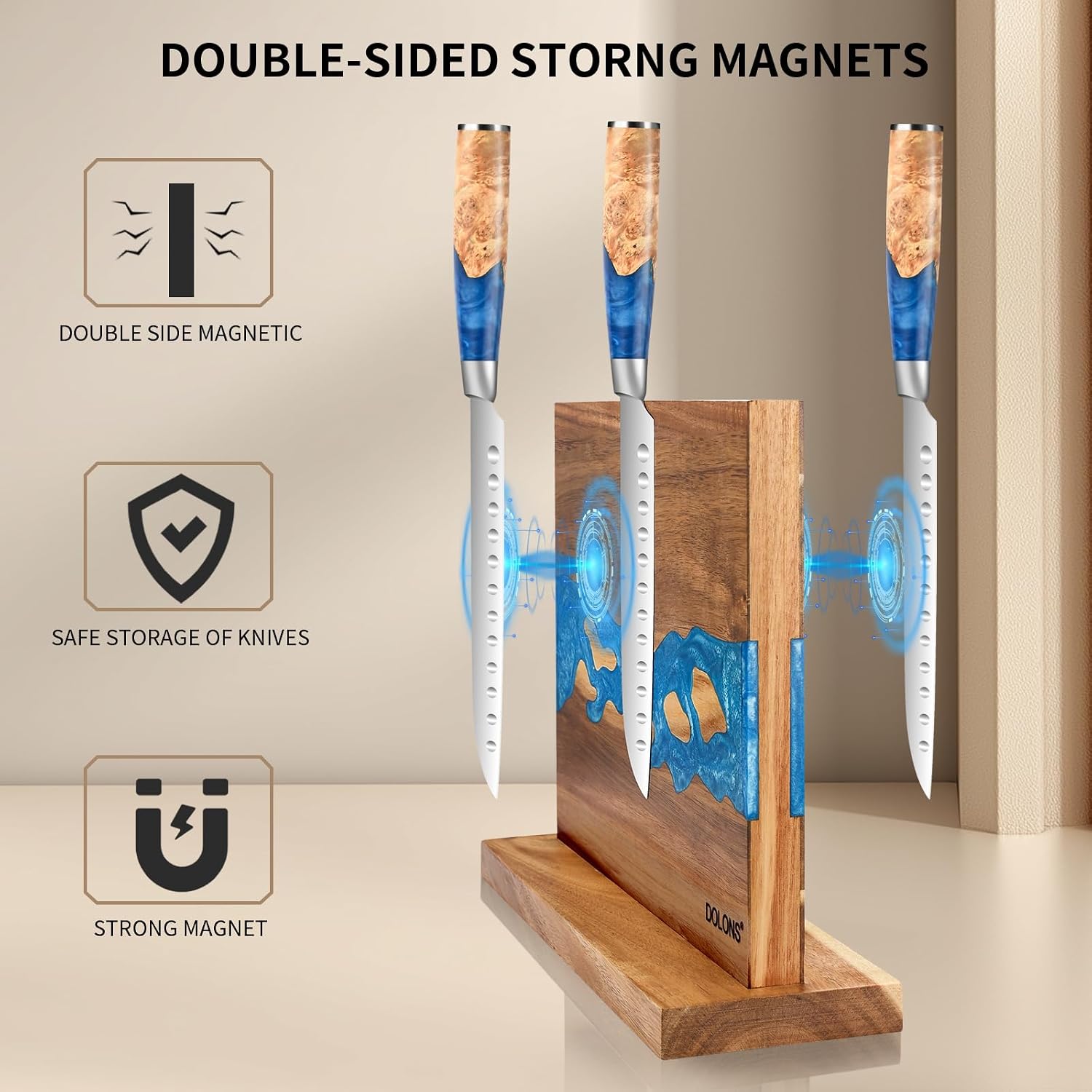 Magnetic Knife Block,Acacia Wood And Resin Kitchen Magnetic Knife Holder，Equipped With Strong Magnets,Multifunctional Double Side Knife Storage Organizer For Kitchen Counter ，Gifts For New Home