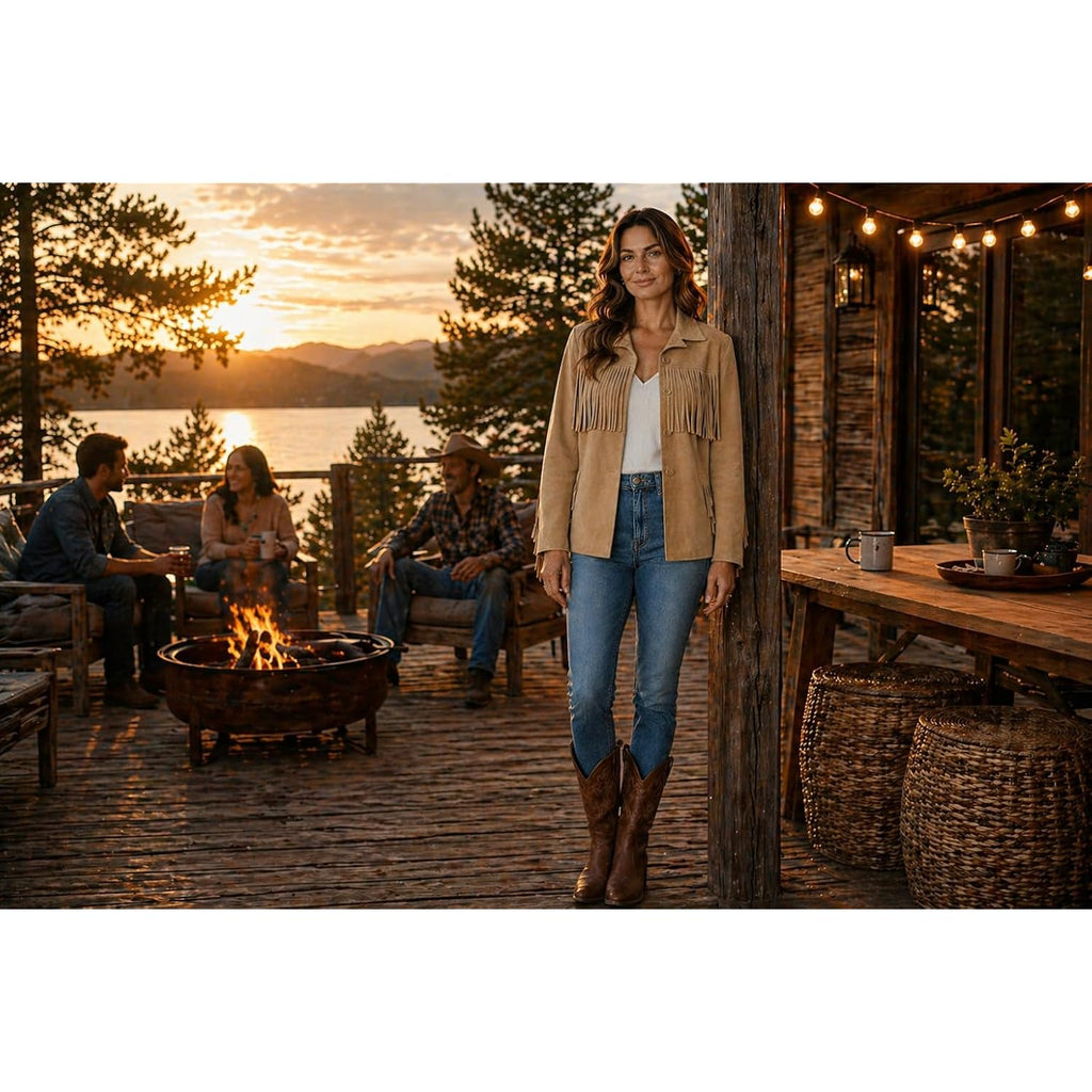 Women’S Buffalo Suede Fringe Jacket, Genuine Leather Western Cowgirl Boho Coat Vintage Style