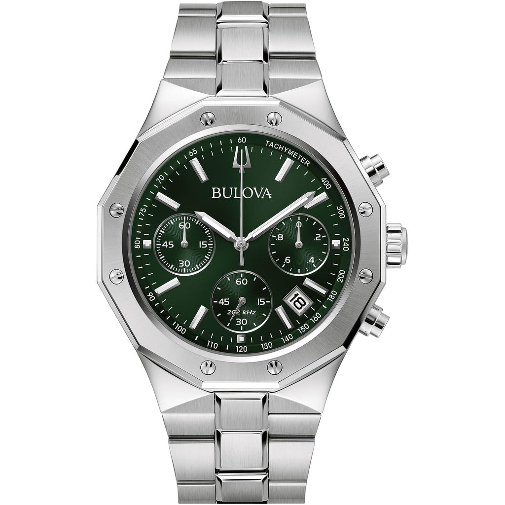 Bulova Men'S Classic 6-Hand Chronograph High Performance Quartz Silver Stainless Steel Watch, Green Dial,Geometric Bezel 24 Hour Time, 44Mm, Style:96B409