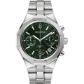 Bulova Men'S Classic 6-Hand Chronograph High Performance Quartz Silver Stainless Steel Watch, Green Dial,Geometric Bezel 24 Hour Time, 44Mm, Style:96B409
