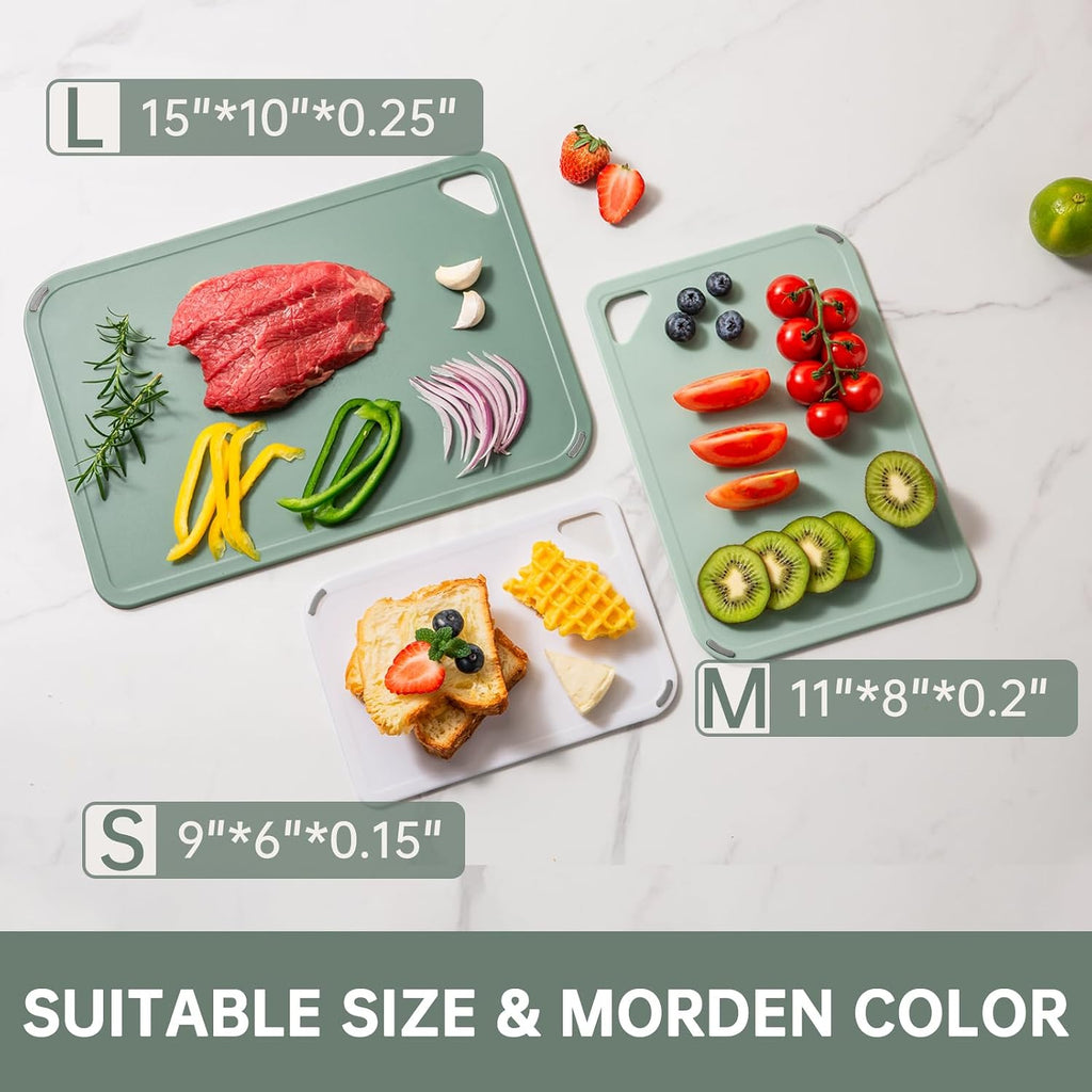 Plastic Cutting Board Set Of 3-Cutting Boards For Kitchen Bpa Free, Large-Small Chopping Boards Non-Slip For Cooking Camping Dishwasher Safe, Reversible, With Grip Handle, 15"×10"×0.25" Green
