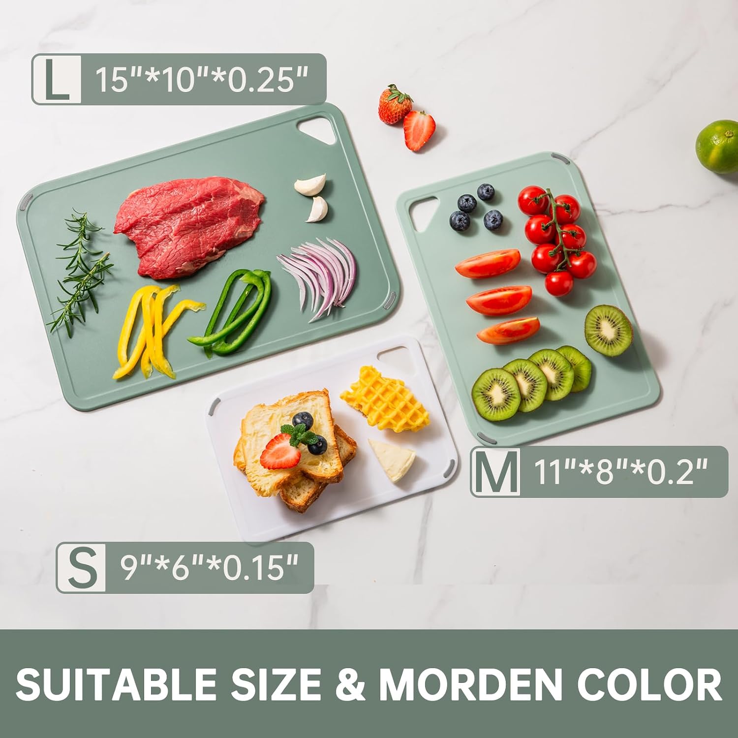 Plastic Cutting Board Set Of 3-Cutting Boards For Kitchen Bpa Free, Large-Small Chopping Boards Non-Slip For Cooking Camping Dishwasher Safe, Reversible, With Grip Handle, 15"×10"×0.25" Green