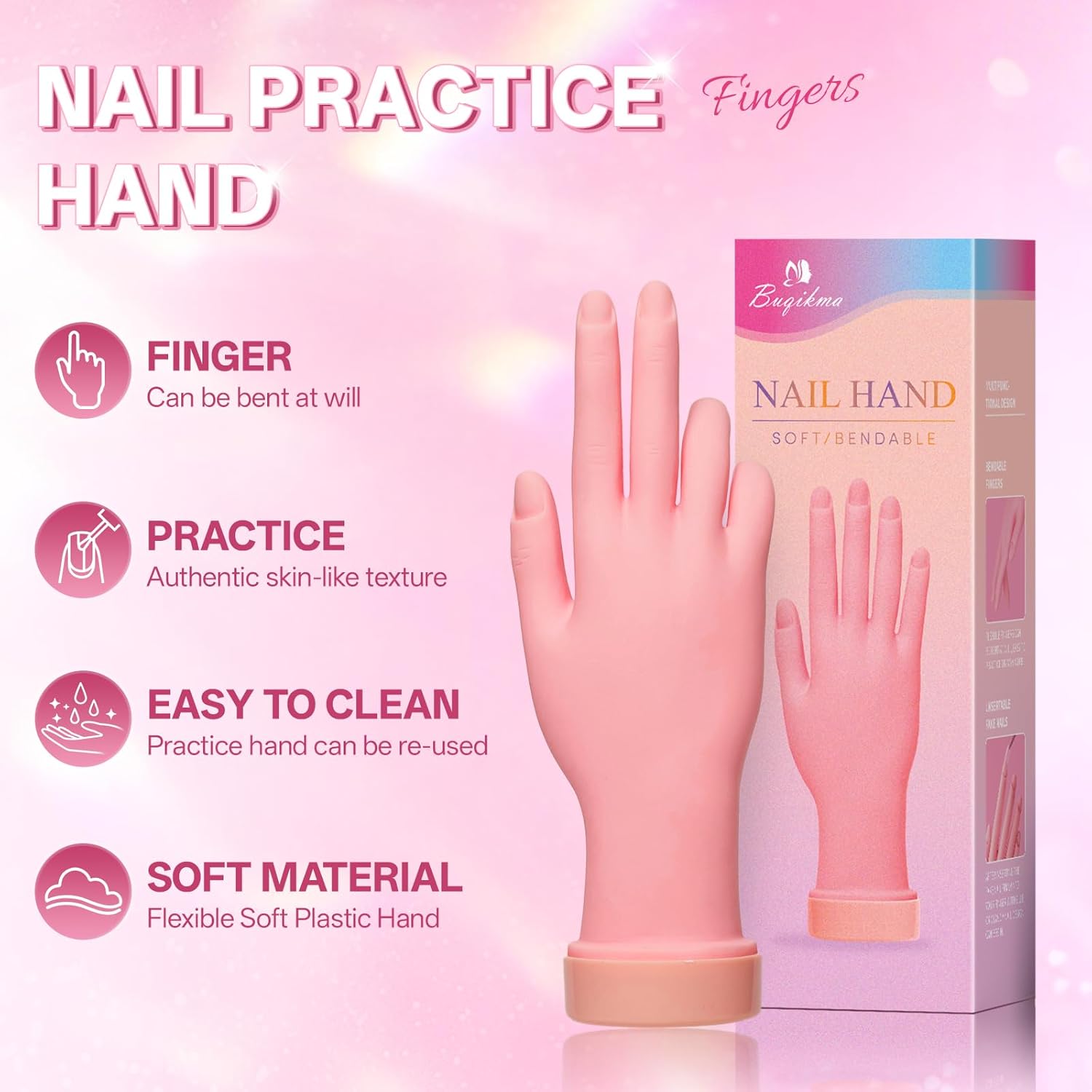 Buqikma Nail Practice Hand for Acrylic Nails, Mannequin Hand for Nails Practice, Flexible Bendable Fake Hand Manicure Nail Practice Hand 1Pcs